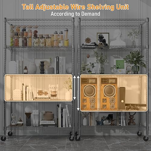 Miniatura 6 de Himimi Estantería de almacenamiento de alambre de acero resistente de 5 niveles, estantes de almacenamiento de metal ajustables con ruedas, estante