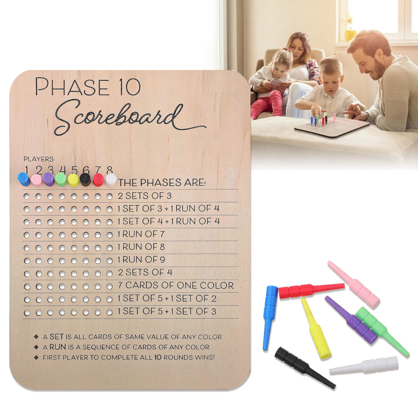XLIUAX Phase 10 Score Board, 2025 Wooden Phase 10 Scoreboard and Round Tracker with 8 Colored Pegs, Fun Board Games Tracker BoardsCard Games Night Table Score for Back Yard Party Family Game