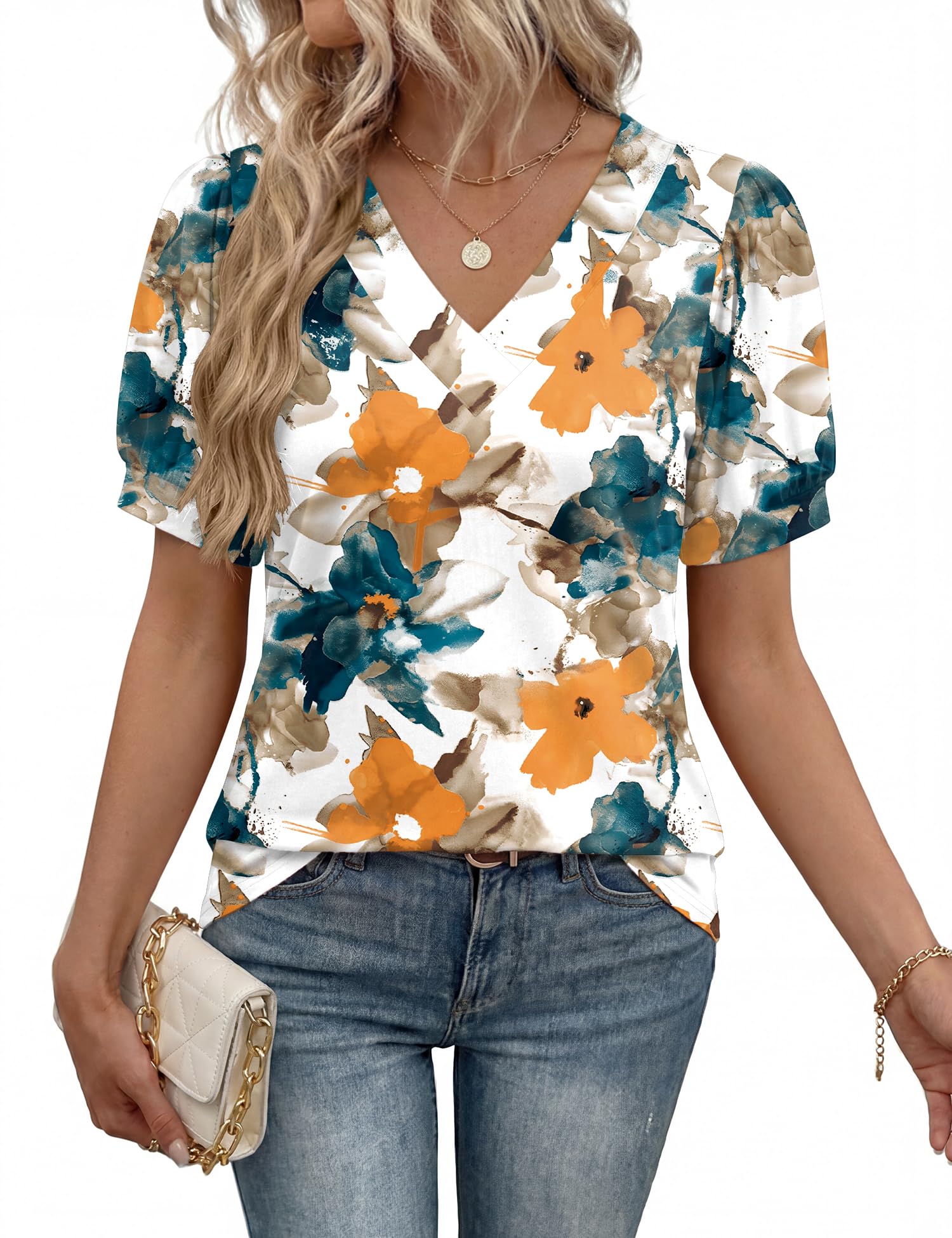 Rapbin Damen Bluse Kurzarm V-Ausschnitt Puff Oberteile Locker Blusen Sommer 2026 Top Elegant Mit Kurzen Ärmeln T-Shirt