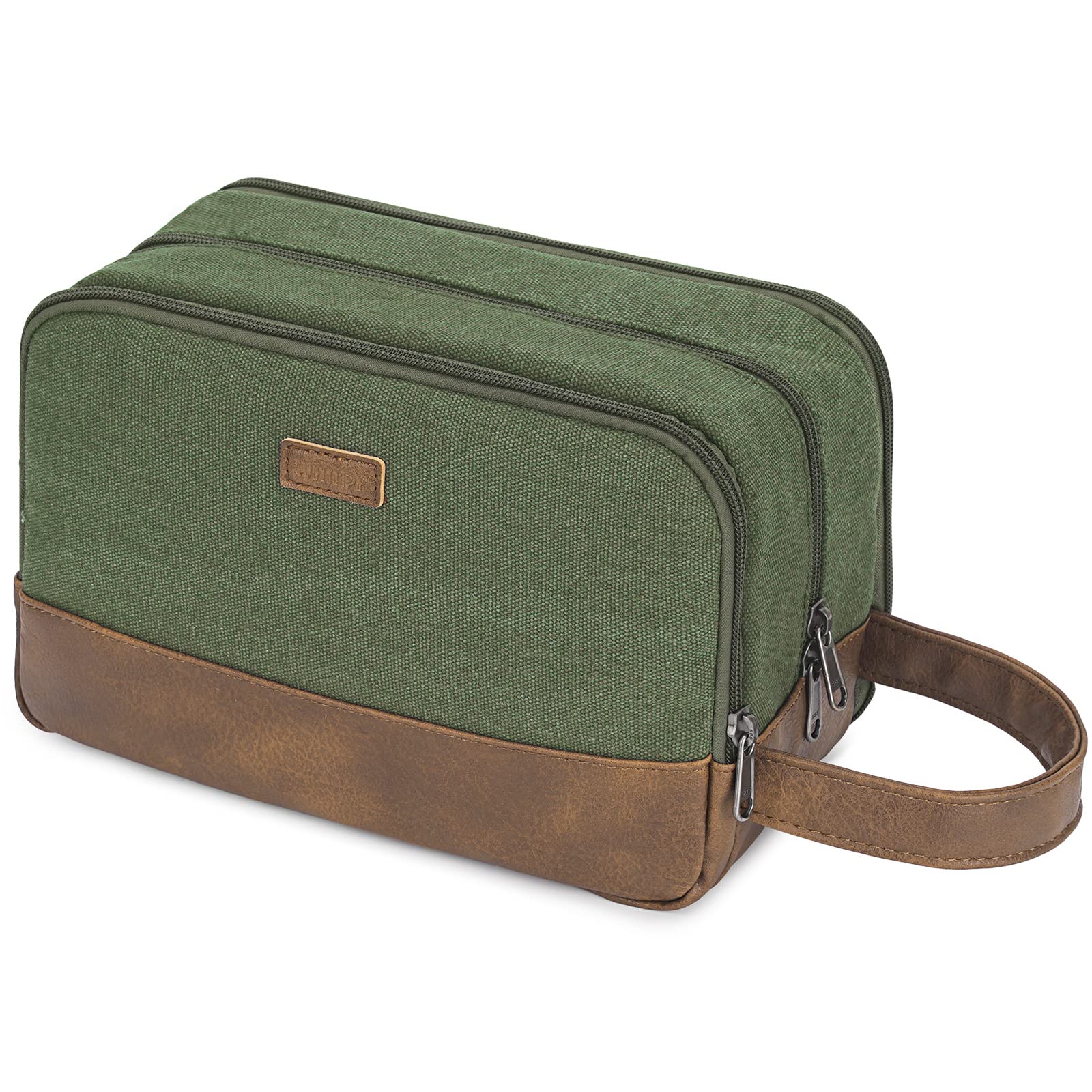 WANDFTravel Toiletry Bag for Men Hanging Dopp Kit Canvas Toiletry Organizer Water-Resistant Vegan Leather Shaving Bag for Toiletries Accessories (Green)