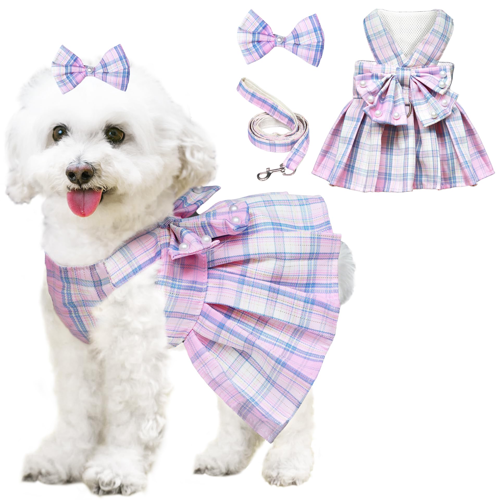 Dog Dress Bowknot Harness Leash Set for Small Dogs Girl Cute Plaid Dog Dress Pearls Bow Tie Spring Summer Princess Clothes Birthday Holiday Doggie