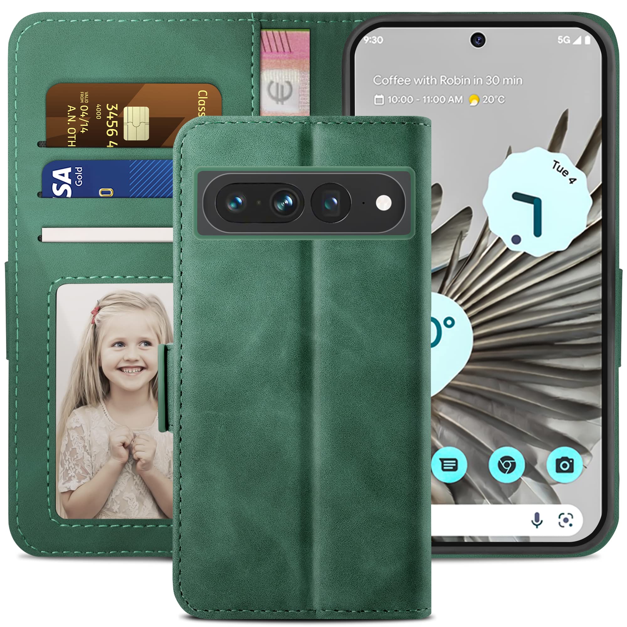 YATWIN for Google Pixel 7 Pro Case, Flip Wallet Leather Case with Card Slot and Shockproof Function Kickstand Phone Cases Cover for Google Pixel 7 Pro - Pine Green