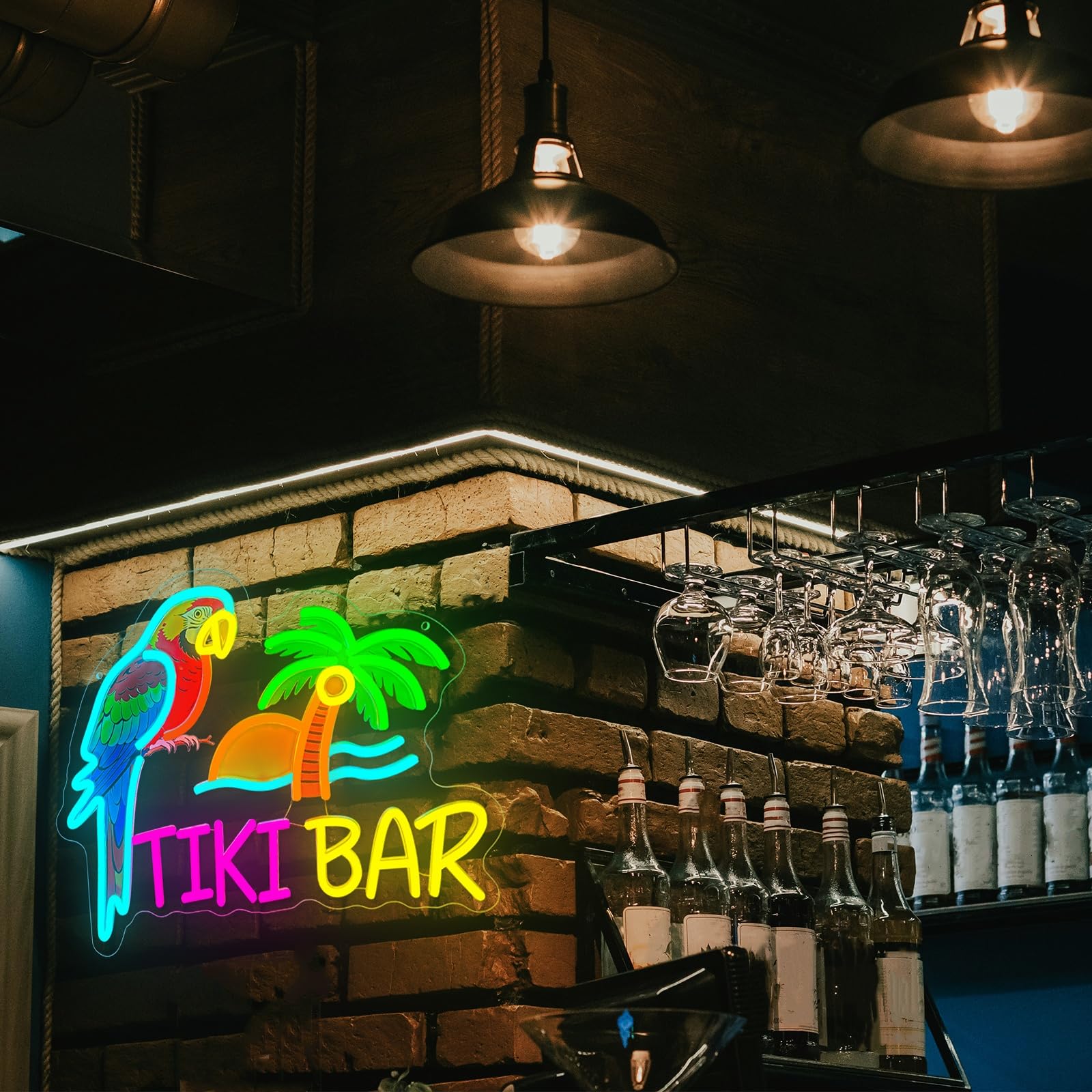 Tiki Bar Targa neon tropicale pappagallo palma LED luce al neon alimentata tramite USB, dimmerabile, spiaggia, tramonto, bar, illuminazione a LED, decorazione da parete per casa, grotta degli uomini
