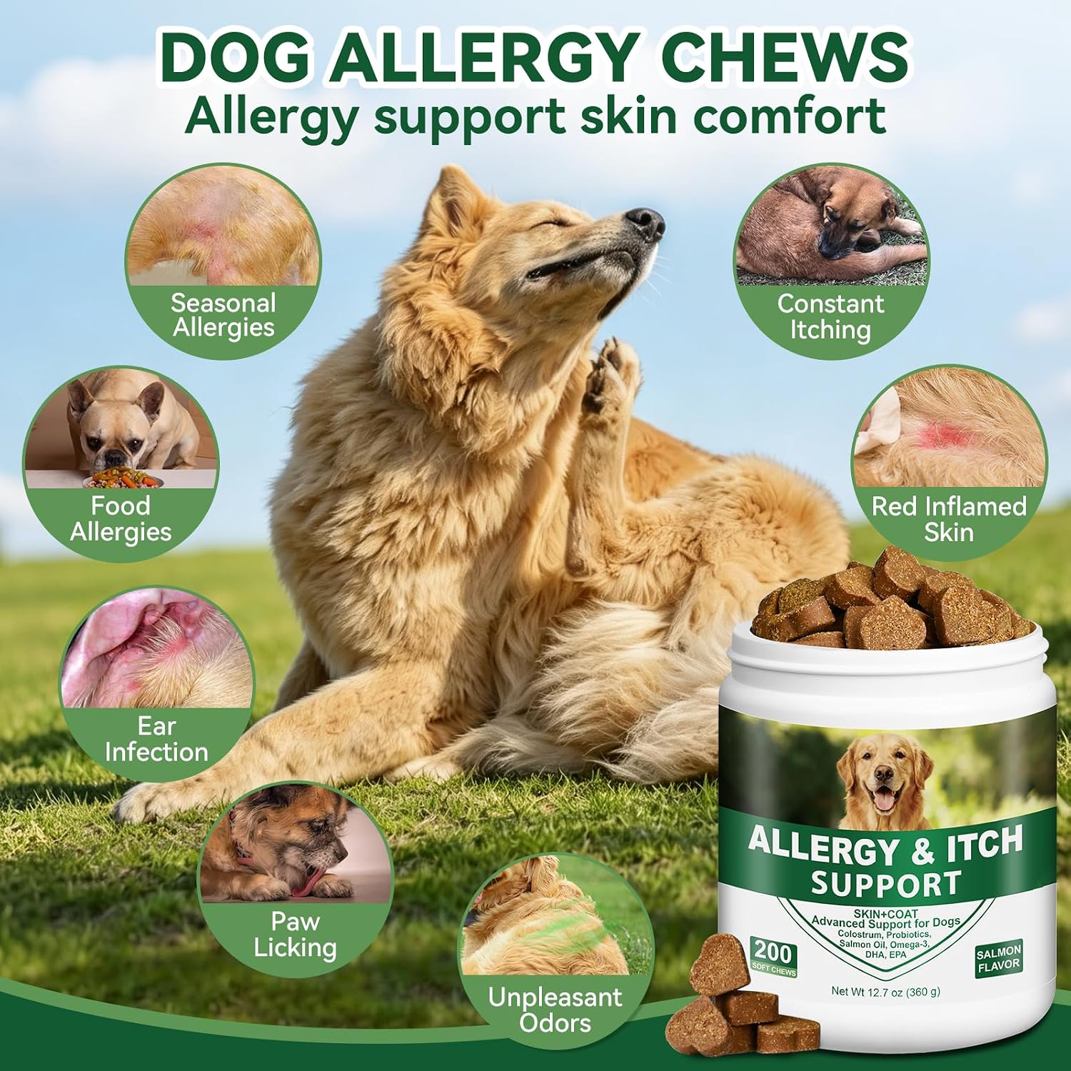 Dog Allergy Chews 200ct, Dogs Allergy Relief Chews for Paw Licking Itchy Skin Coat Supplement, Dog Itching Relief with Probiotics Colostrum for Dry Skin Itching Licking Seasonal Allergies thumbnail