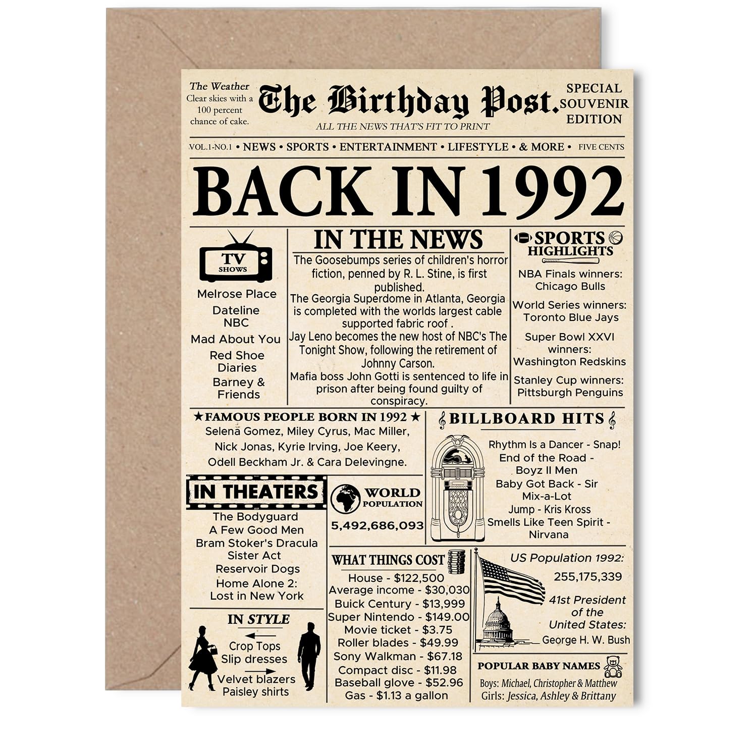 33rd Birthday Card for Men Women - Newspaper Back in 1992 - Happy 33 Birthday Cards for Brother Colleague Nephew Niece Neighbour Husband, 5x7 Inch Bday Greeting Cards