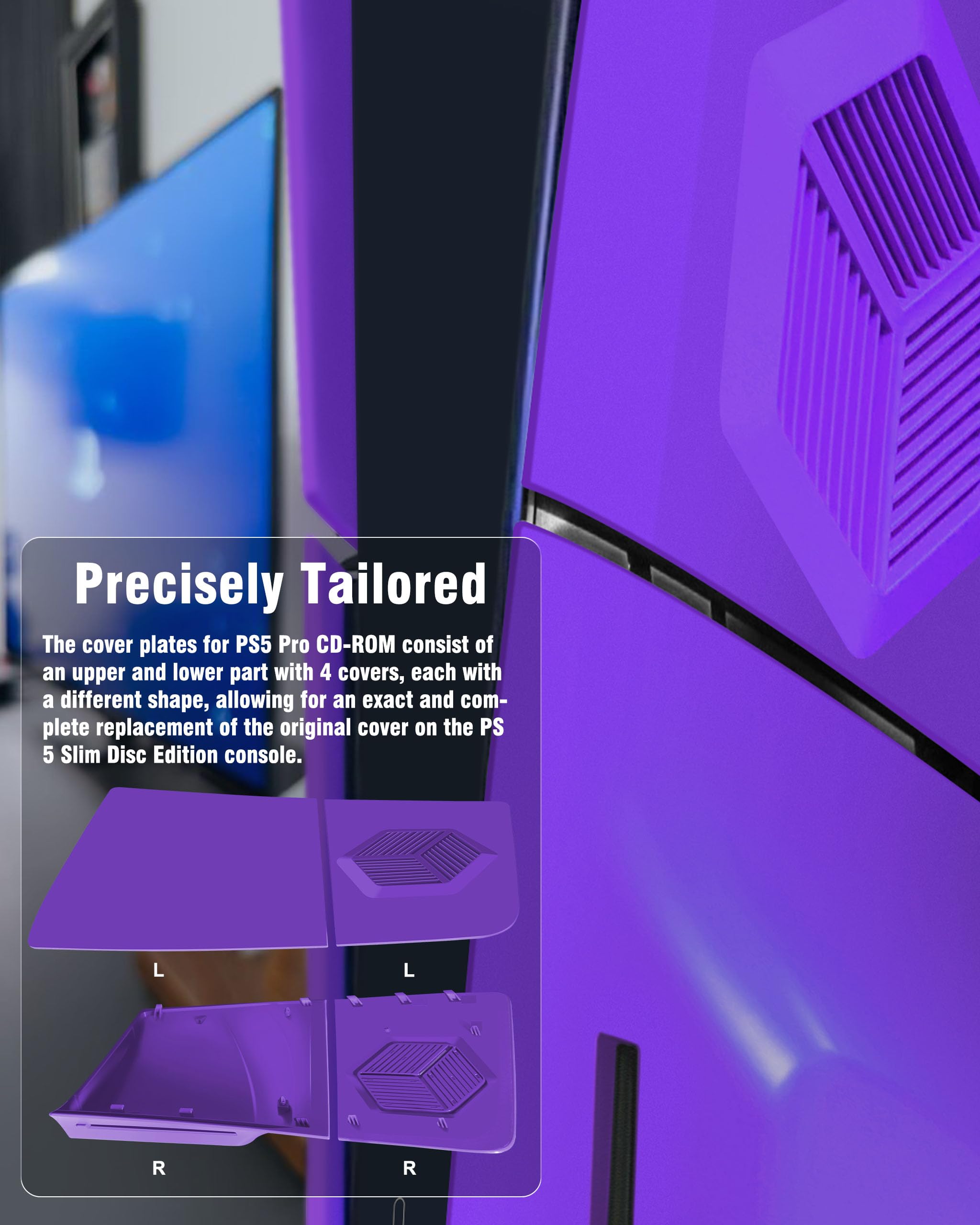 Piastre frontali per PS5 Slim Accessori con prese d'aria di raffreddamento, Joso Custodia di ricambio per PS5 Slim Disc Edition 4 piastre di copertura, antigraffio e antipolvere, piastre in ABS viola