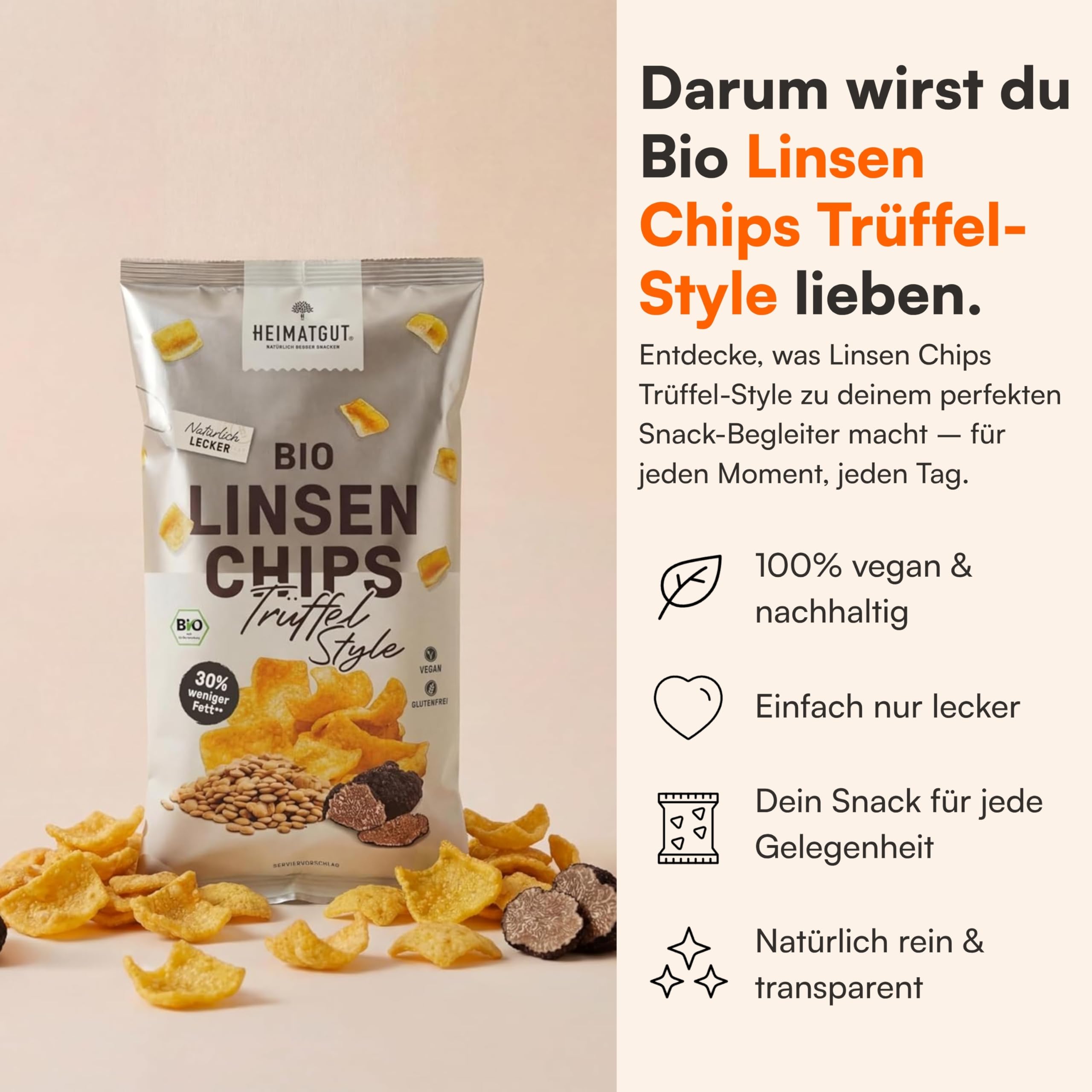 HEIMATGUT® Bio Vegane Linsen Chips Trüffel-Style | Ofengebackene Chips aus roten Linsen | Trüffel-Aroma | 30% weniger Fett | Proteinreich & glutenfrei | Ohne Zucker, Aromen & Zusatzstoffe | 12 × 75 g