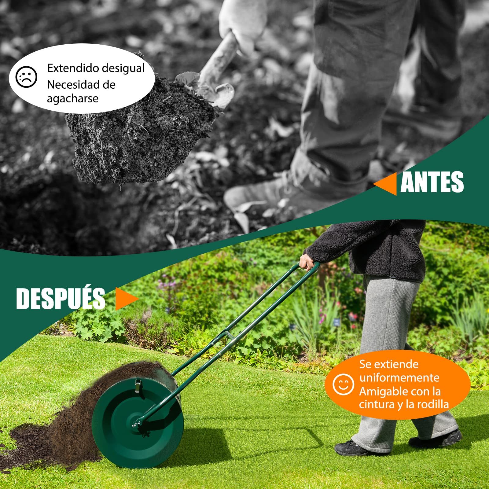 COSTWAY Esparcidor de Compost 75L, Esparcidor de Turba con Mango en Forma de U Mejorado, Cierres Laterales, Rodillo de Malla de Metal Resistente para Fertilización y Siembra (Verde)