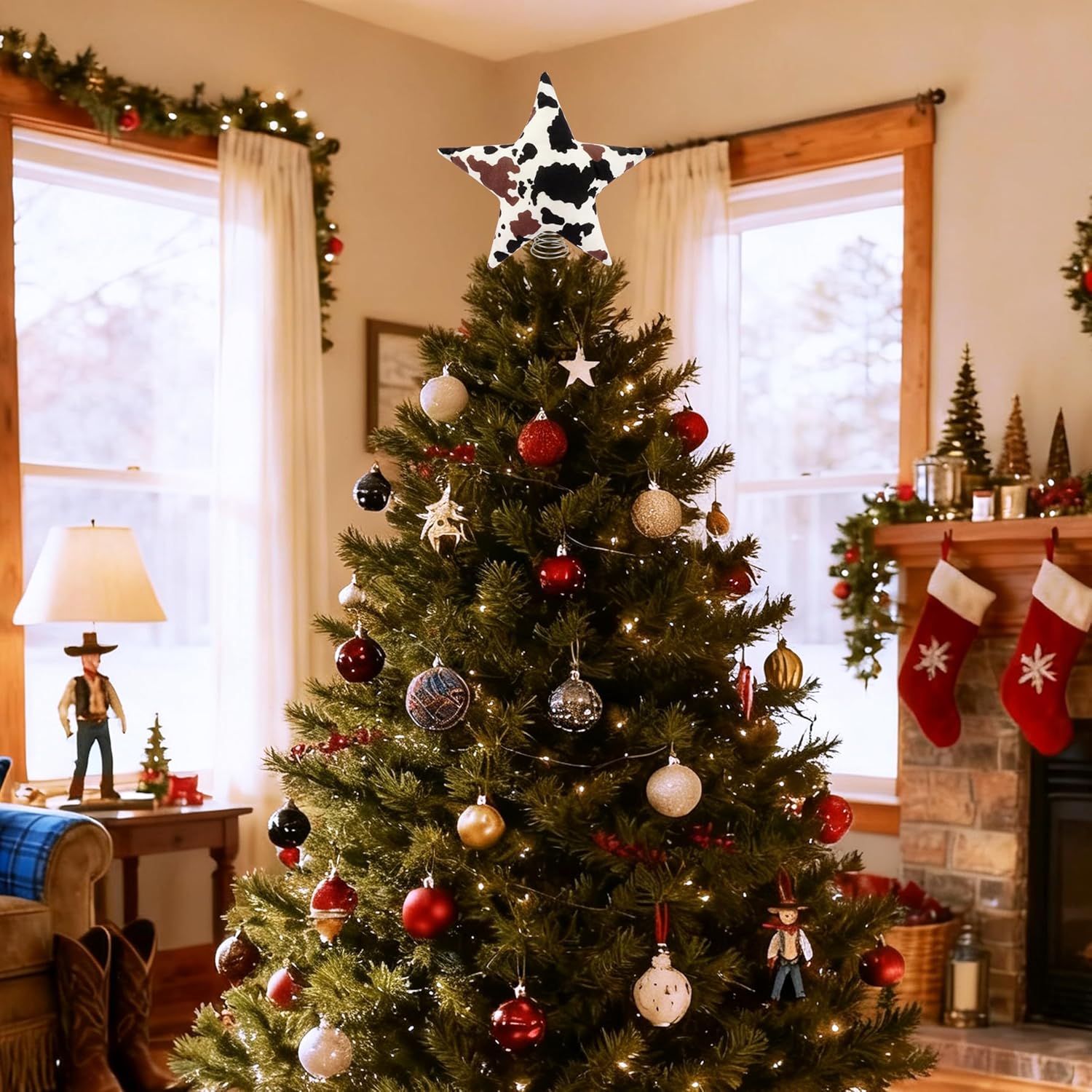 Cowhide Printed Christmas Tree Topper, 8.6 Inch Western Cow Christmas Star Tree Topper Ornament for Country Cowboy Party Supplies Holiday Home Decor