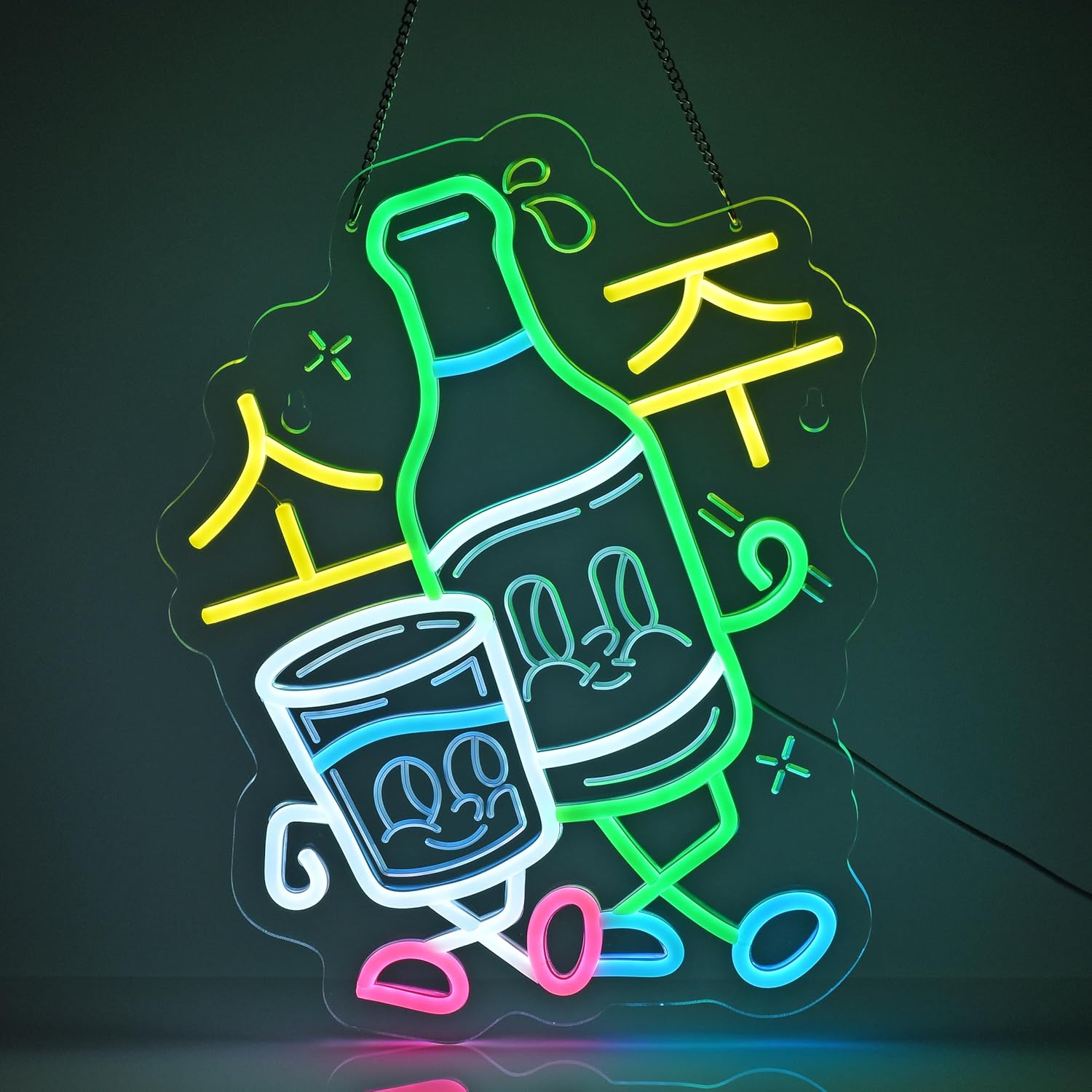 CNBEYOUNG Korean Beer Soju맥주 소주 Neon Sign, Neon Lights Hanging Wall Art Decoration for Korean Restaurant Shop Bar Cafe Kitchen Party Home Decor, USB Powered Ultra Bright Dimmable,14.96x 12.6inches