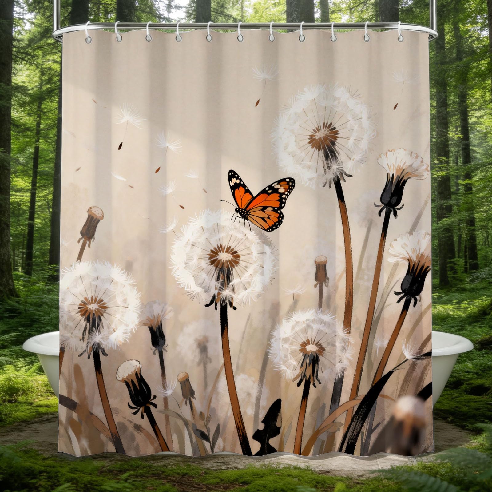 Hongduo White 3D Dandelion Butterfly Shower Curtain For Stalls Bathtubs Monarch Butterfly Bathroom Decor Shower Curtain Set Polyester Fabric Waterproof 180X200cm/71X79 Inch With Hooks