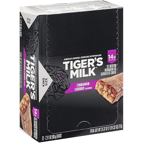 Tiger's Milk Barra de proteínas con sabor a churro de canela, tamaño King, 2.12oz (paquete de 12)