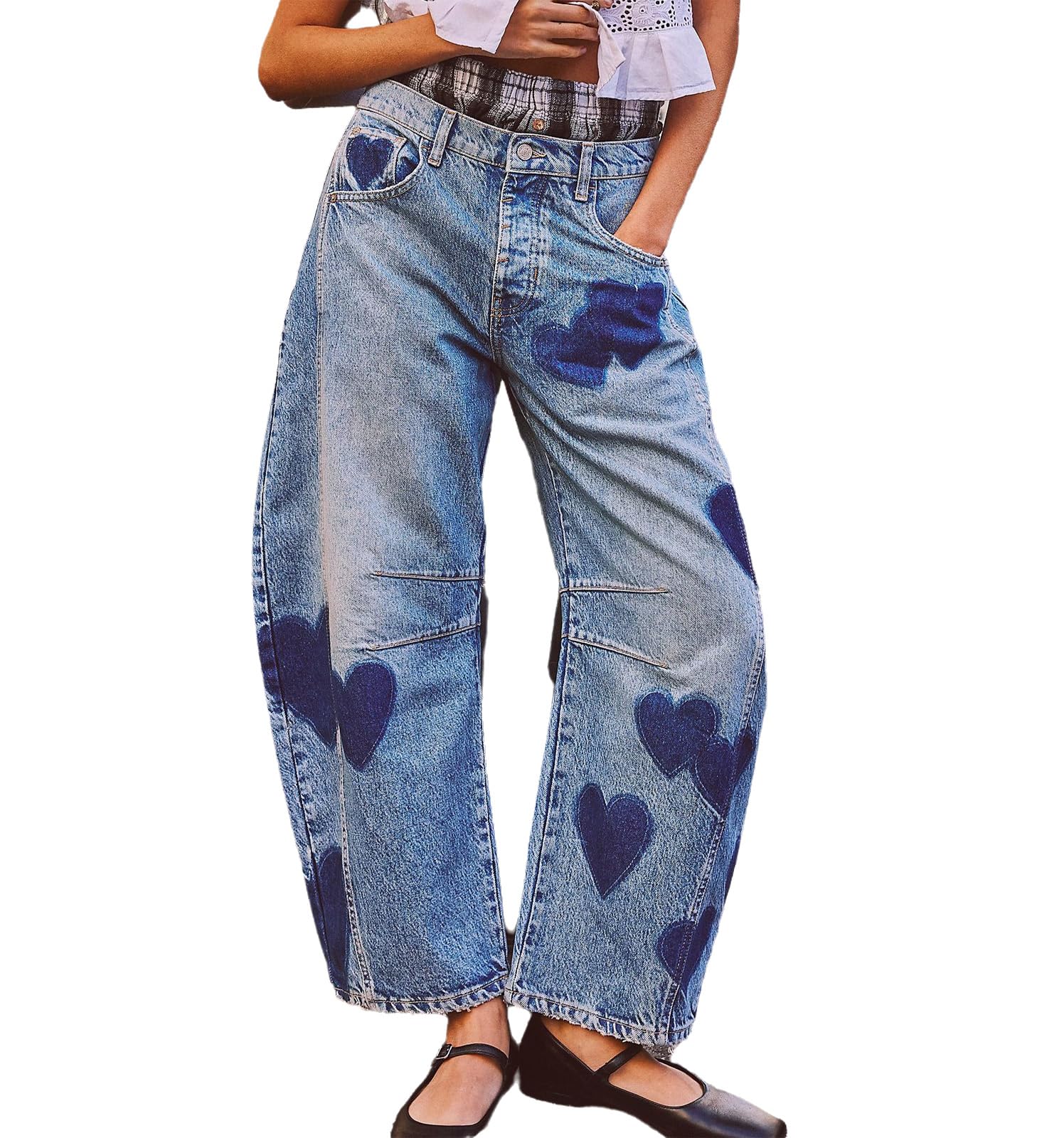 Women's 90s Baggy Vintage Boyfriend Barre Jeans Trendy Heart Patch Work Casual Wide Leg Ankle Denim Pants