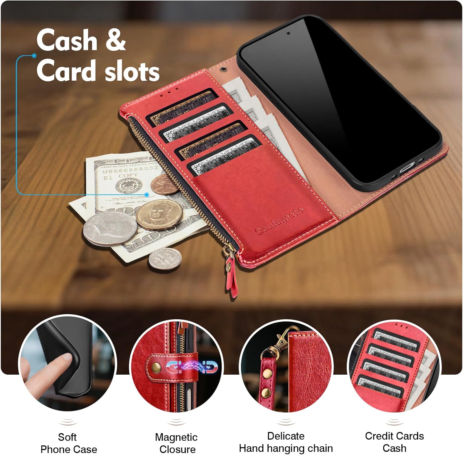 Compatible with iPhone 17 Pro Max Wallet Case with Card Holder RFID Blocking Zipper Poket PU Leather Flip Phone Case with Wrist Strap Credit Card Slots Men Women,for Apple 17 Pro Max,Red - Image 2