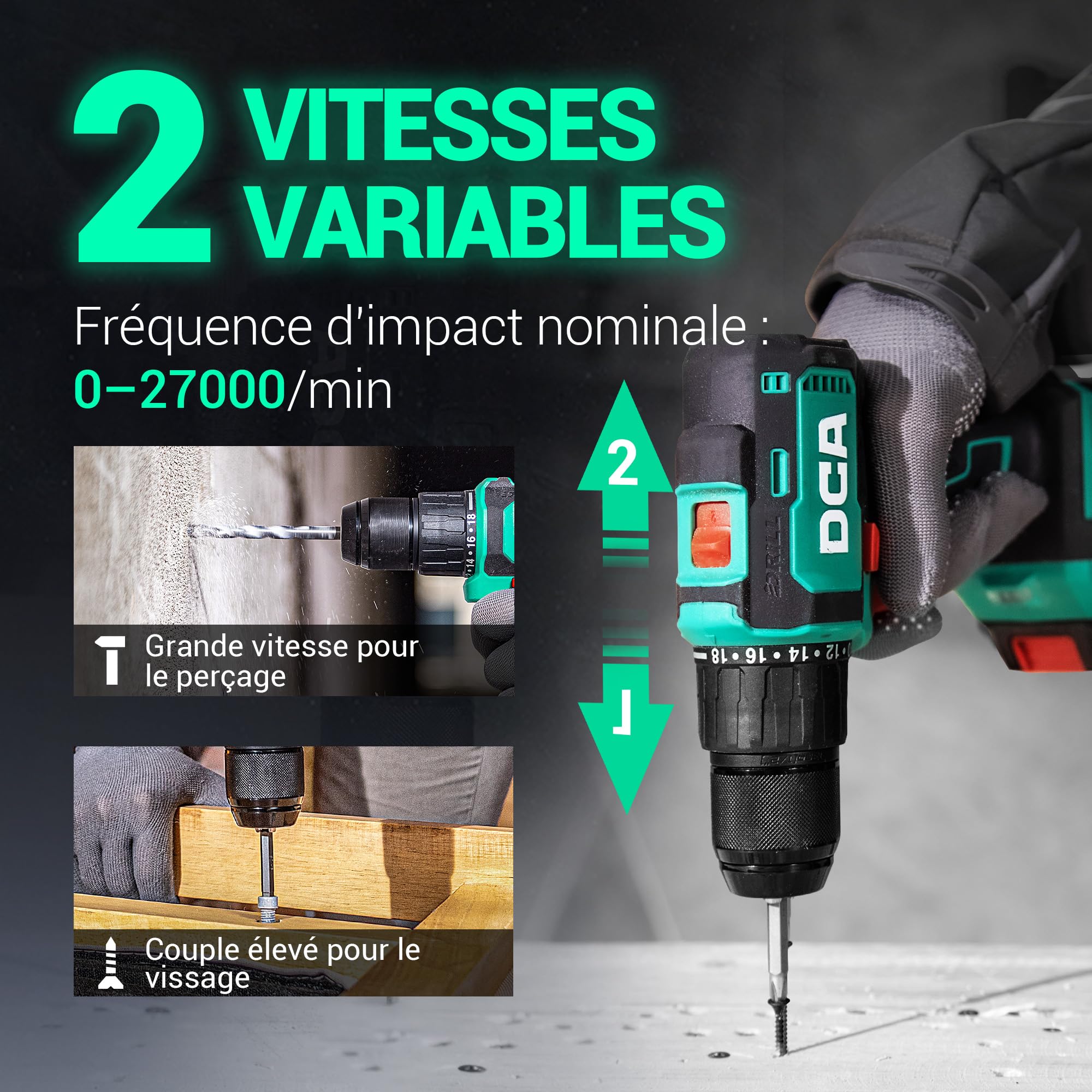 Perceuse à percussion sans fil 20V Brushless 55Nm 13mm mandrin tout métal 18+1 réglages couple 0-450/1800 tr/min batterie 2x2.0Ah chargeur