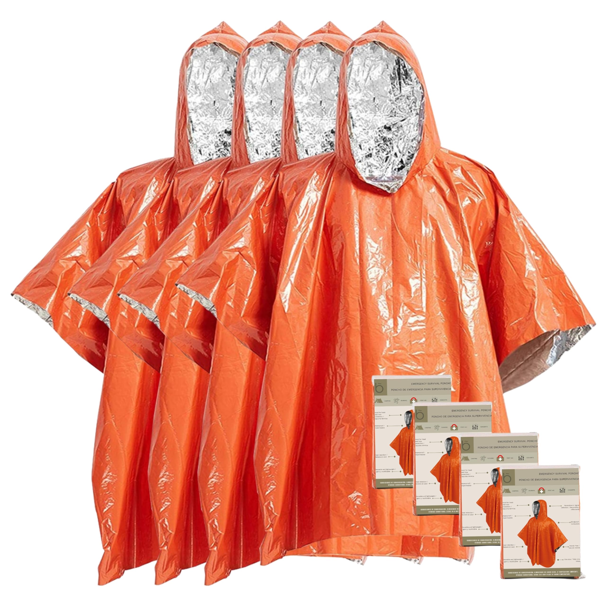 Poncho térmico de emergencia – Pack de 4 reutilizable con capucha – impermeable – para coche, montaña, supervivencia y primeros auxilios