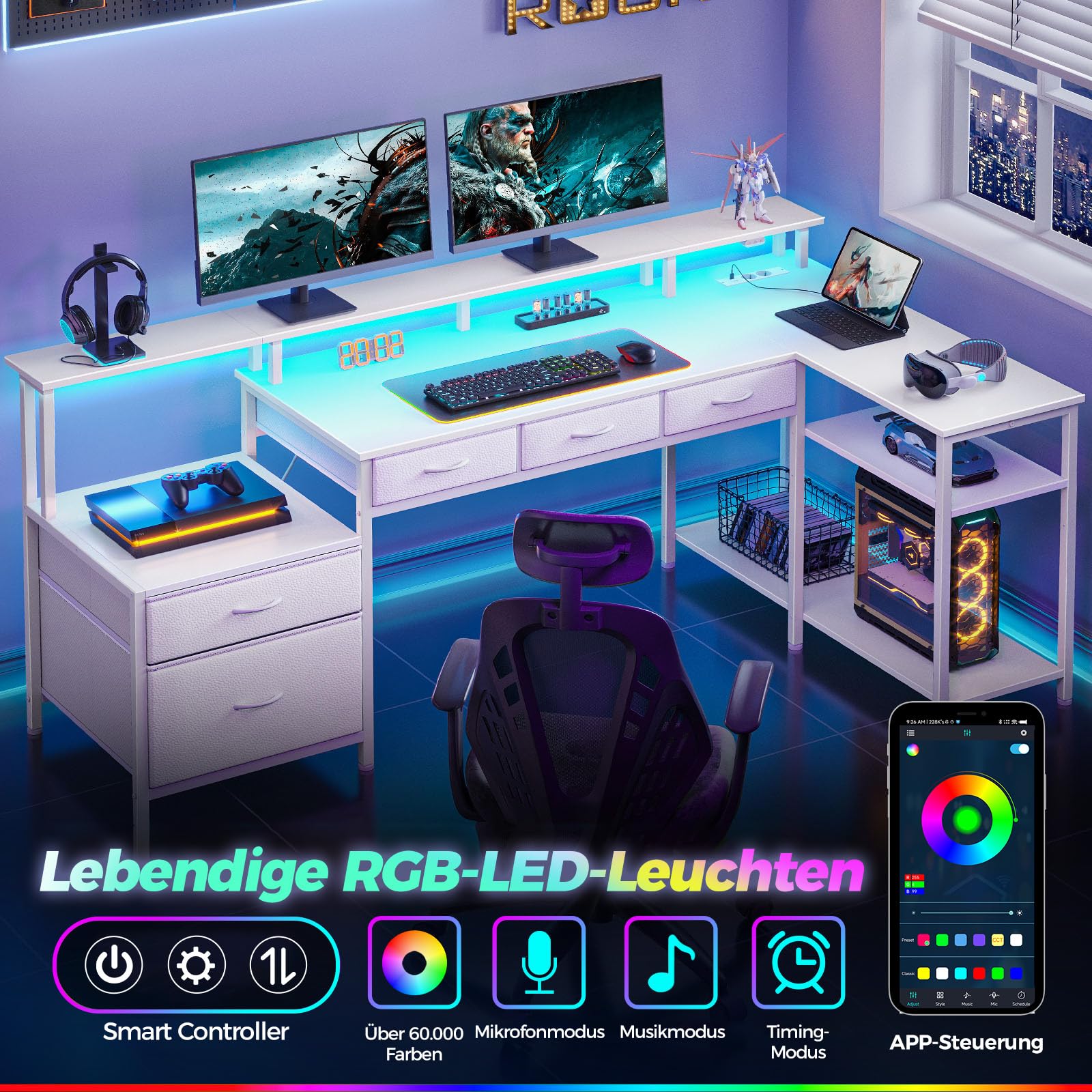 Seventable Schreibtisch L Form, Computertisch mit Steckdose, LED & Monitorständer, Reversibel Eckschreibtisch mit Schubladen, perfekt für Schlafzimmer Büro Wohnzimmer, Weiß