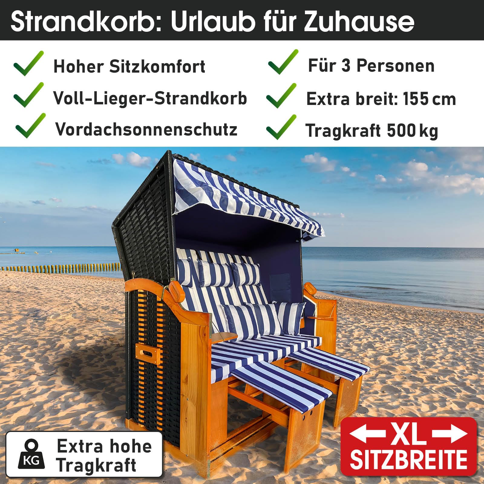 BRAST® Strandkorb Ostsee 3-Sitzer XL für 2-3 Personen | 155cm breit | 2 Designs | Tragkraft bis zu 500kg | verstellbare Rückenlehne | Blau/Weiß gestreift