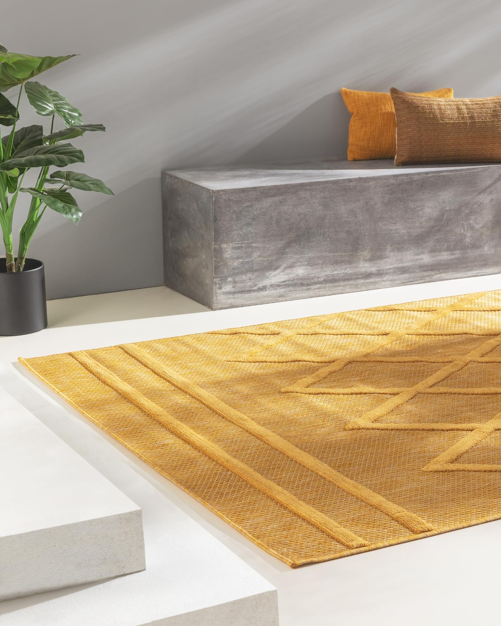 benuta Nest Alfombra Exterior Interior Bonte - Amarillo 120x170 cm - Resistente y Fácil de Limpiar - para Balcón, Terraza, Jardín - Cocina & Sala de Estar - Geométrica, Estilo Boho, Hygge Cozy