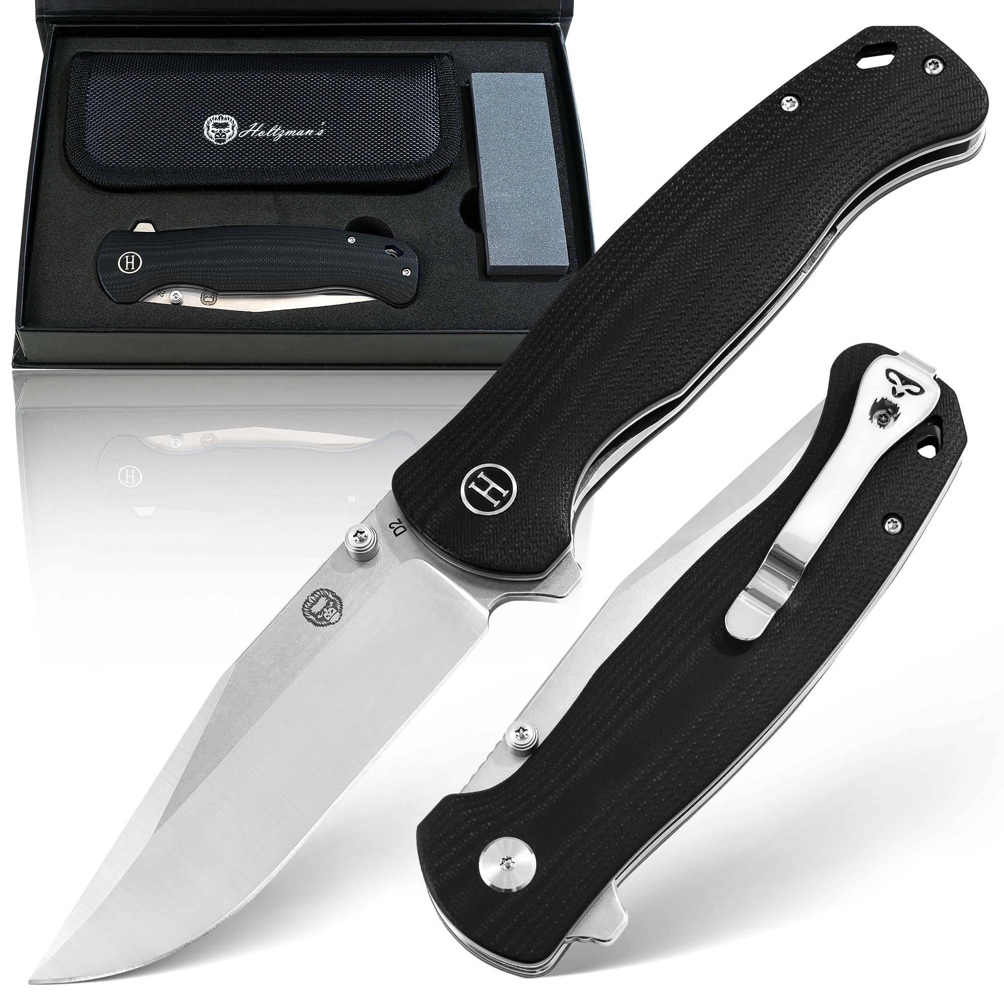 Holtzman's Gorilla SurvivalWrangler Folding Knife with G10 Handle and D2 Steel Blade, Gift Box Set (Silver+Black) - Ideal for Everyday Carry and Outdoor Use