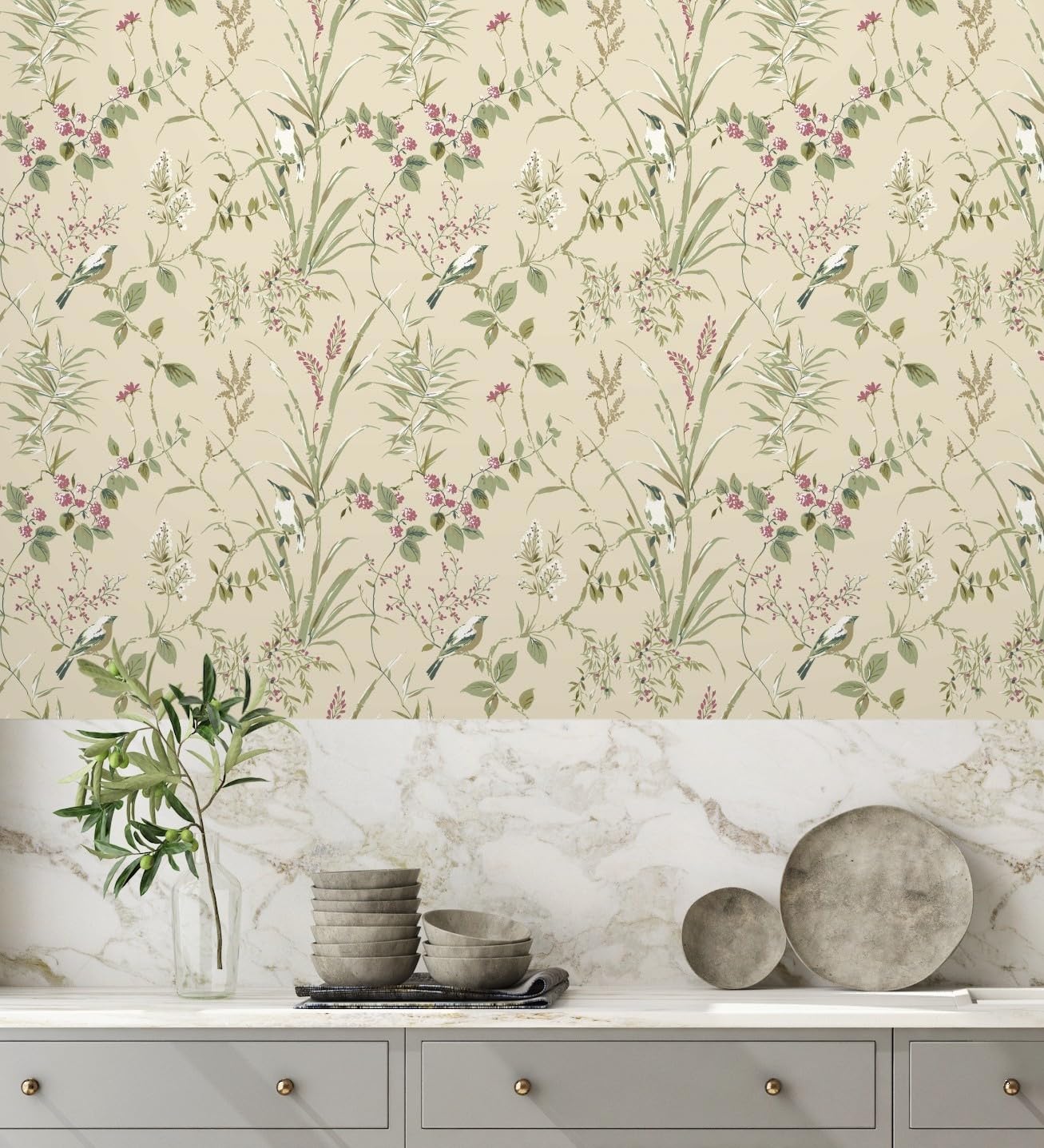 GAULAN 683550 Papier peint à branches et oiseaux romantique sur fond beige toasté pour mur salon chambre couloir jeune salle à mange tête de lit hall - Rouleaux de 10 m x 0,53 m