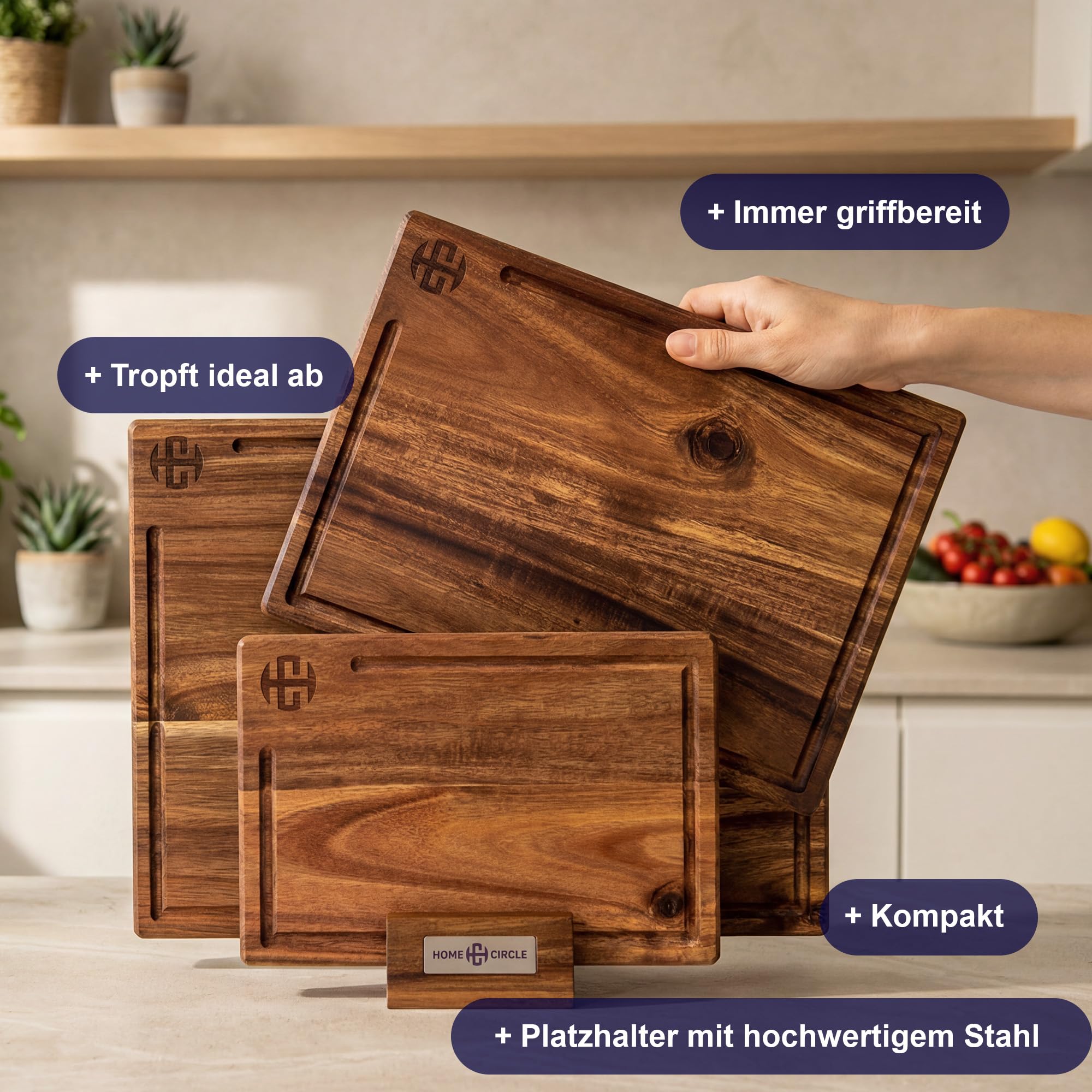Schneidebrett Set 3-teilig aus massivem Akazienholz, 2 cm dick, 40 x 30/33 x 24/26 x 18 cm, mit Halter, Saftrille und Bienenwachs-Veredelung