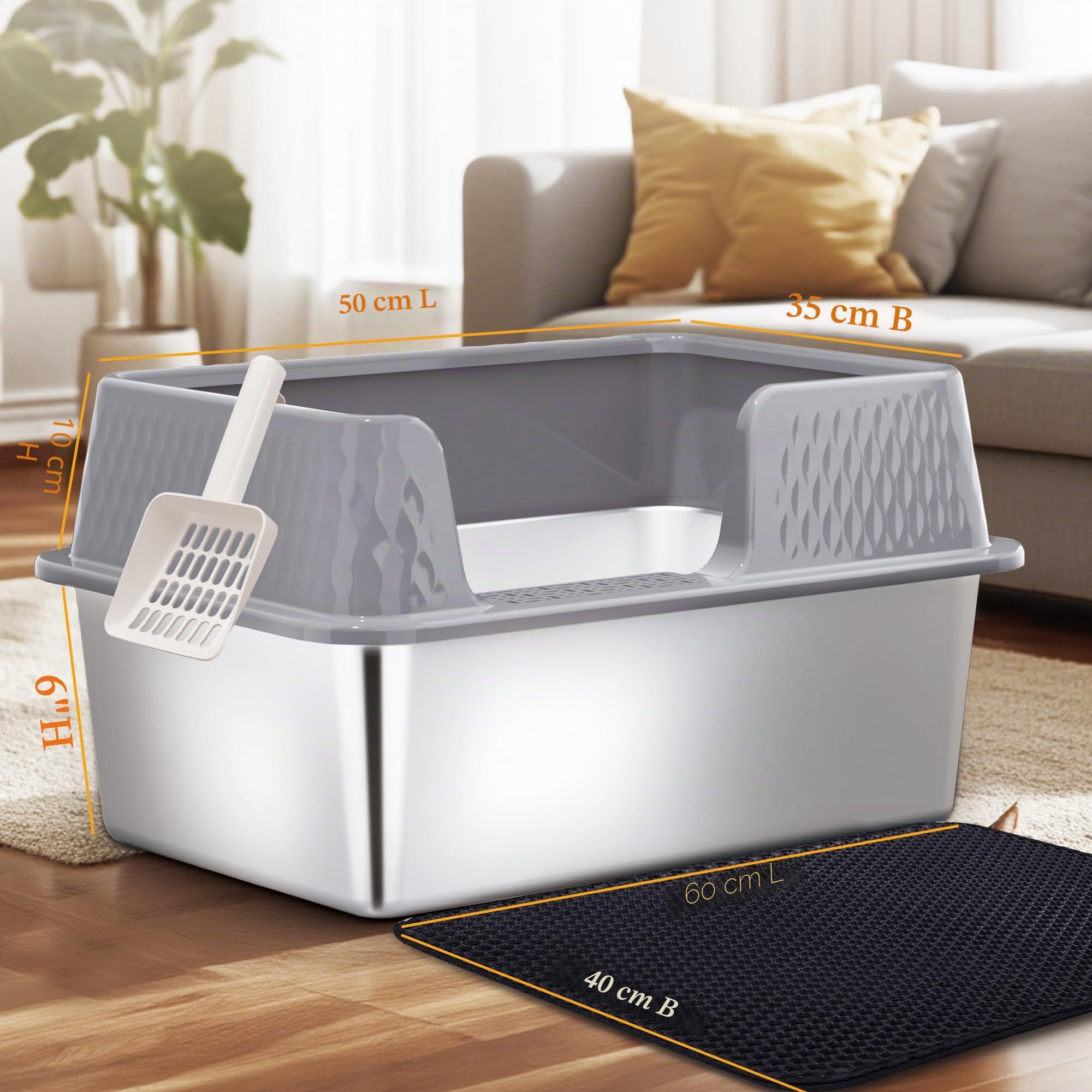 Vealind Katzenklo Edelstahl mit Deckel Groß Katzentoilette Metall Katzenklo Hoher Rand Offen Katzentoiletten Große Katzen Cat Litter Box