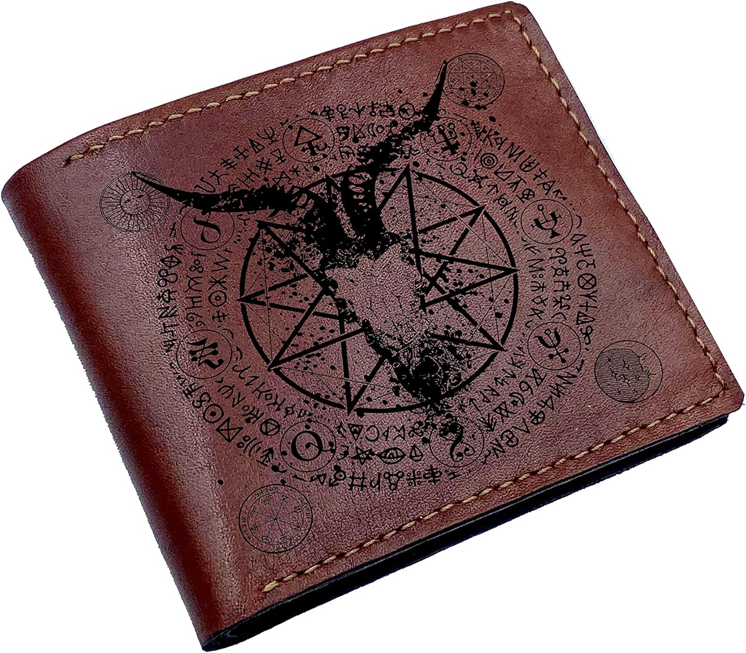 Mayan Corner - Leather handmade men's wallet, pentacle geometric alchemy pattern gift for him, mistical sign present for boyfriend, father