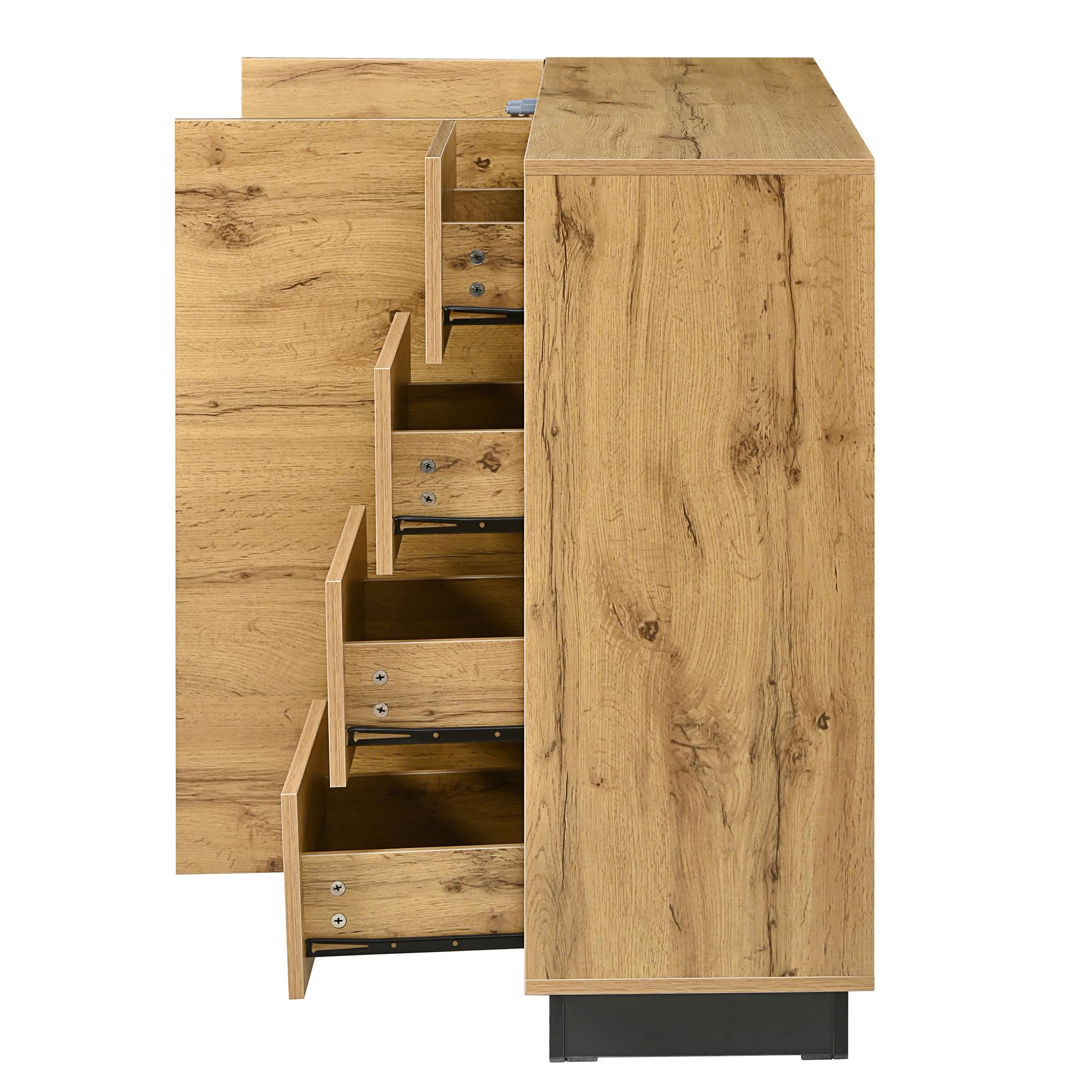 Merax Sideboard Kommode mit 4 Schubladen und Zwei Türen, Schrank 110 cm, Griffloses Design, Buffetschrank mit Großzügiger Stauraum, aus Holz, für Wohnzimmer/Esszimmer, 110x35.5x90.5 cm, Natur&Schwarz