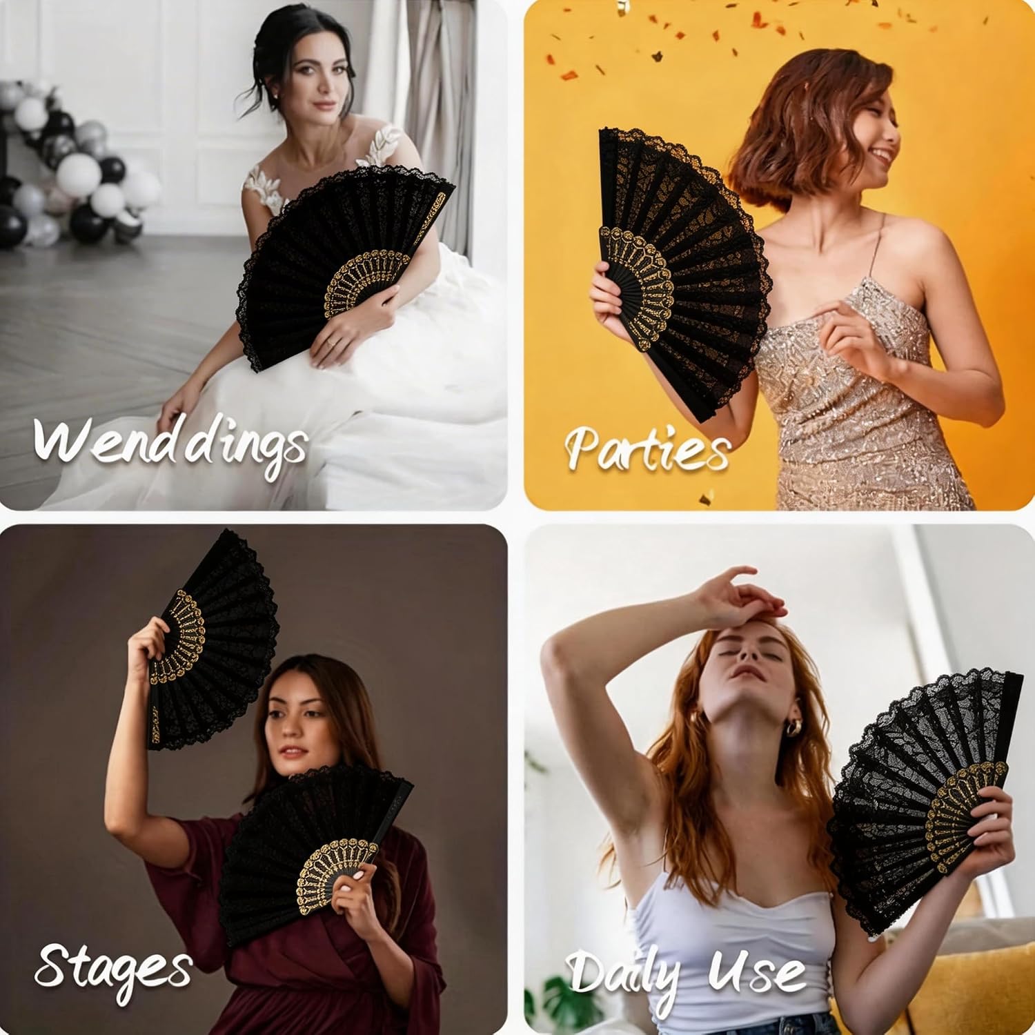 2 PCS Lace Folding Fans Handheld Bamboo Hand Fans Decorated Without White Lotus Jade Tassel Silver Floral Print Women Wedding Party Dancing Fashion Valentine's Day (Black)