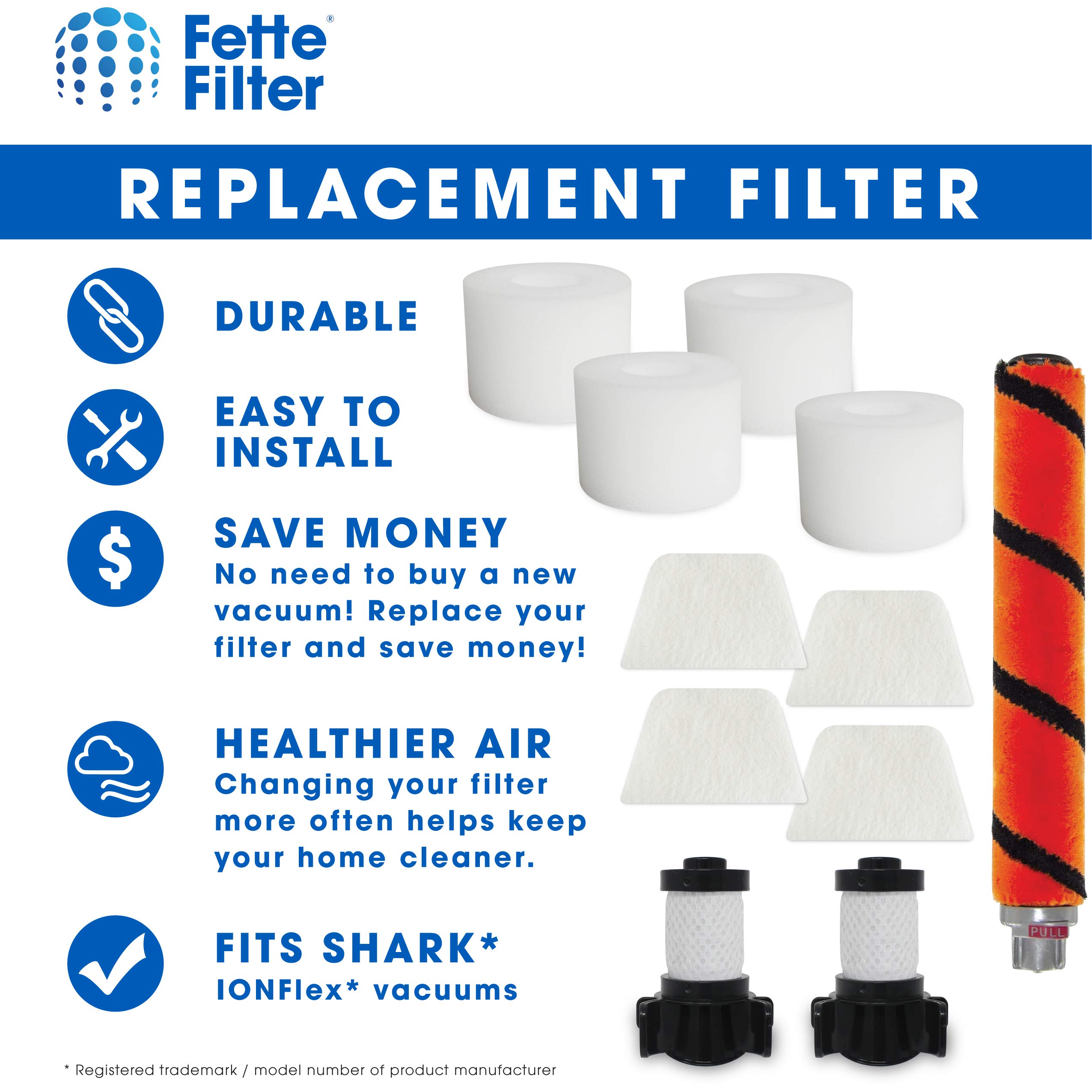 Fette Filter -Replacement Kit Compatible with Select Shark ION Flex DuoClean (Combo Pack - 1 Soft Brush Roll, 2 Foam & Felt Filter Kit, 2 Post-Motor Filter)