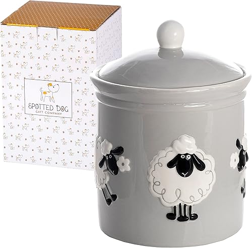 SPOTTED DOG GIFT COMPANY Recipiente de cocina de oveja para encimera, tarro de cerámica para almacenamiento de alimentos con tapa, recipiente de