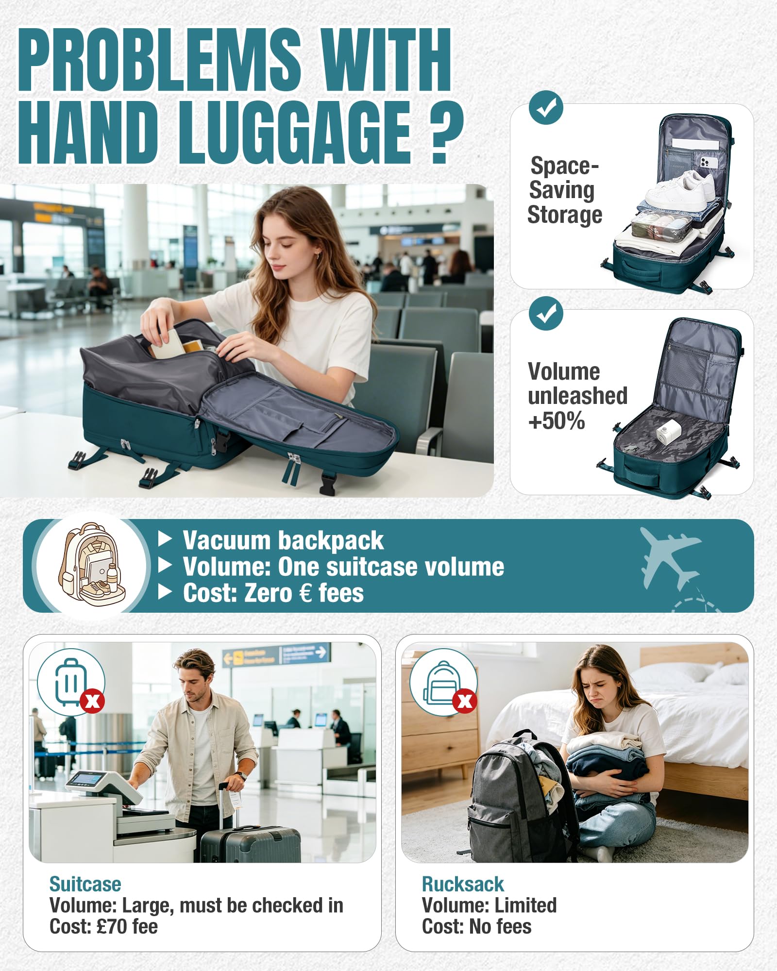 SZLX Zaino Ryanair 40x30x20 Sottovuoto con Pompa Bagaglio a Mano