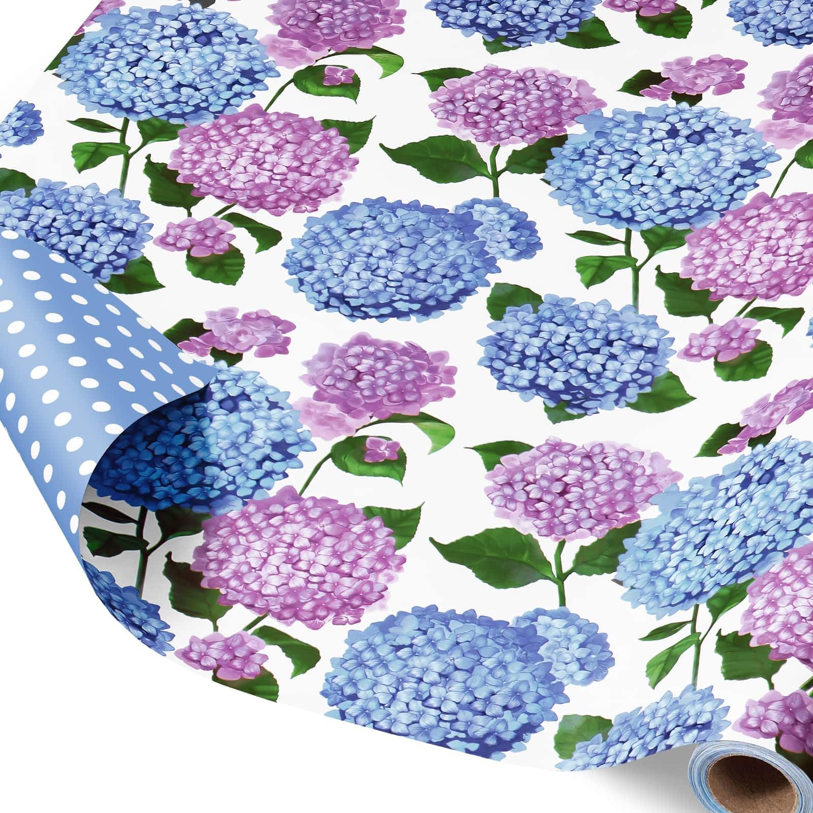 WERNNSAI Hydrangea Wrapping Paper - 1 Roll Blue Floral Wrapping Paper Flower Gift Wrap for Girls Women Birthday Purple Bridal Shower Present Packing Decoration with Dot Design 43cm x 5m — image 1