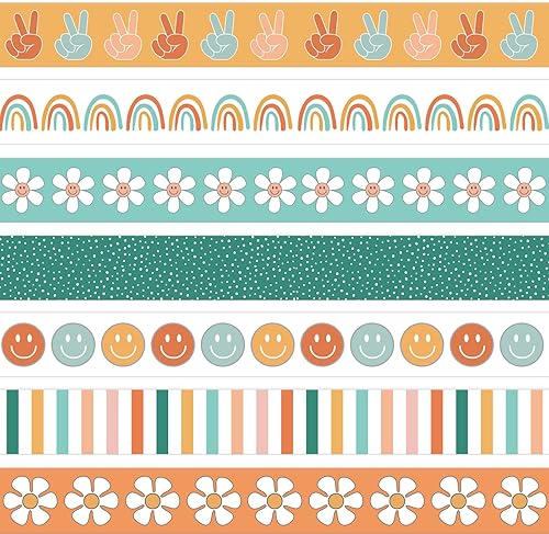 AnyDesign Bordes bohemios de 80 pies para tablón de anuncios, diseño de margaritas de arco iris, bordes de flores, groovy, retro, para decoración de