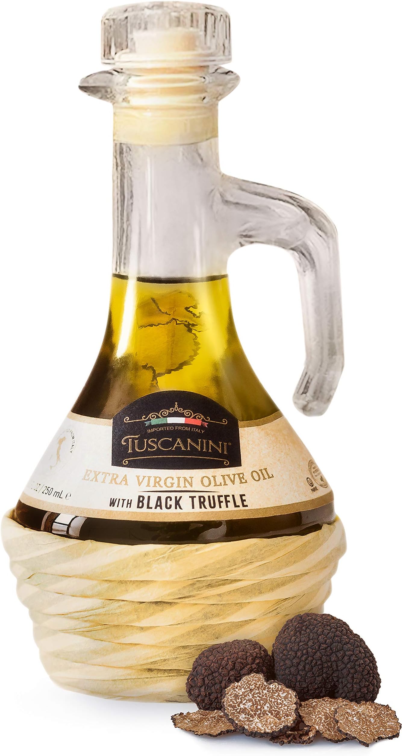 Tuscanini Black Truffle Oil, Made With Premium Italian Extra Virgin Olive Oil, Real Truffle Shavings in the Bottle, 250ml, Cold-Pressed, Fine Tasting, Non GMO, Product of Italy