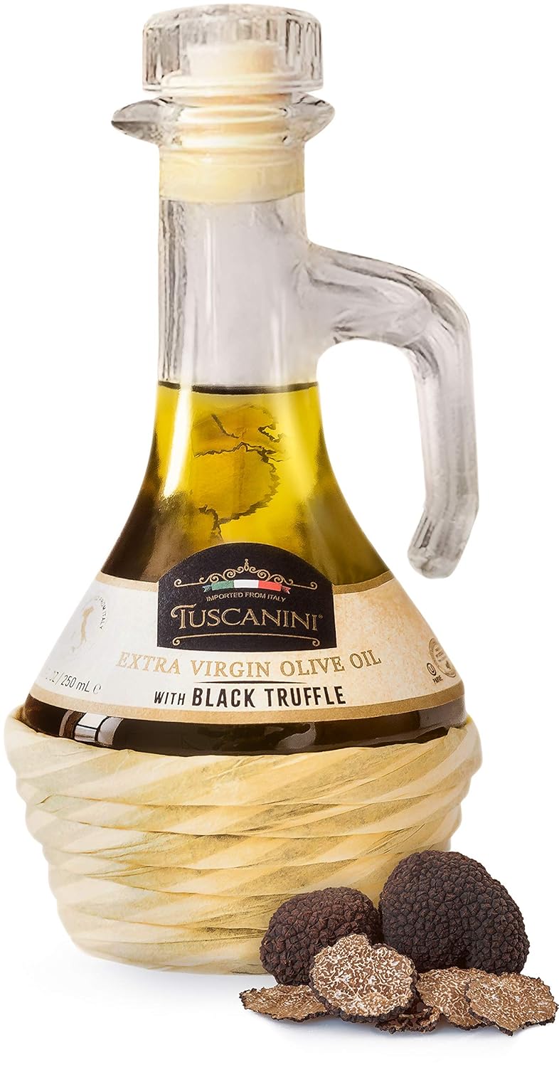 Tuscanini Black Truffle Oil, Made With Premium Italian Extra Virgin Olive Oil, Real Truffle Shavings in the Bottle, 8.5oz, Cold-Pressed, Fine Tasting, Non GMO, Product of Italy