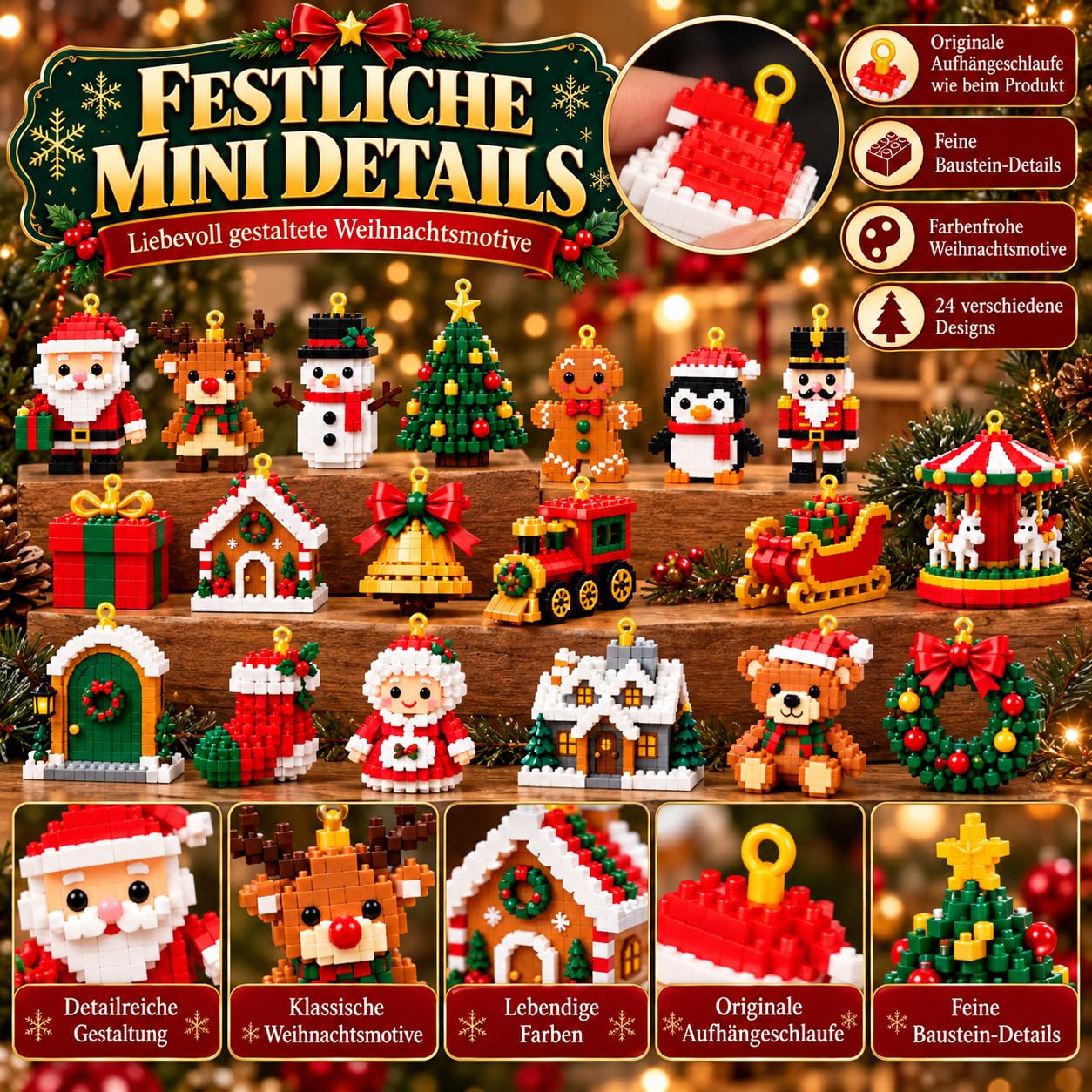 Adventskalender 2026, 24 Mini Bausteine Weihnachtsanhänger zum Bauen