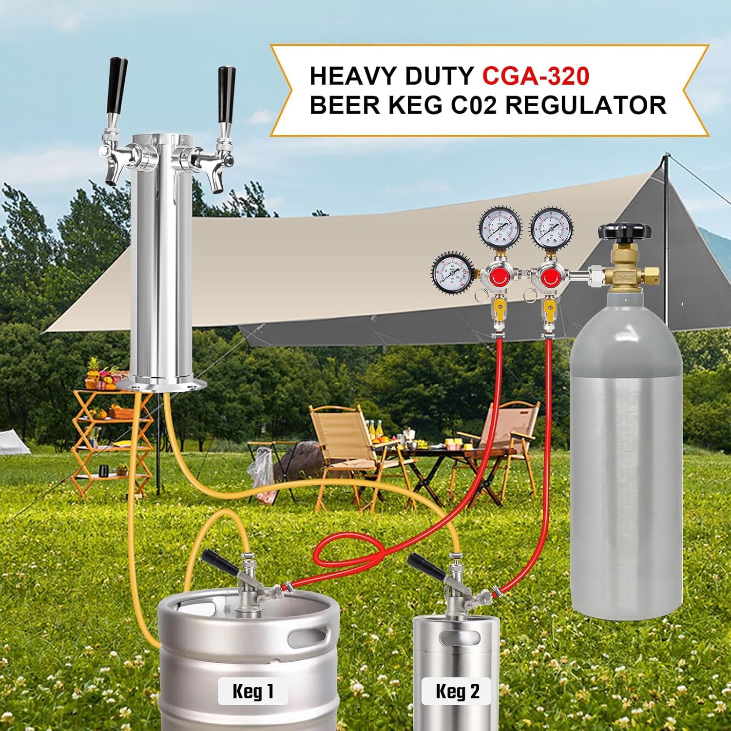 Co2 Regulator for Kegerator, CGA-320 Co2 Regulator Dual Output Co2 Tank Regulator with 4 Hose Clamps, Draft Beer Kegerator Co2 Regulator Co2 Pressure Regulator for Home Brewing