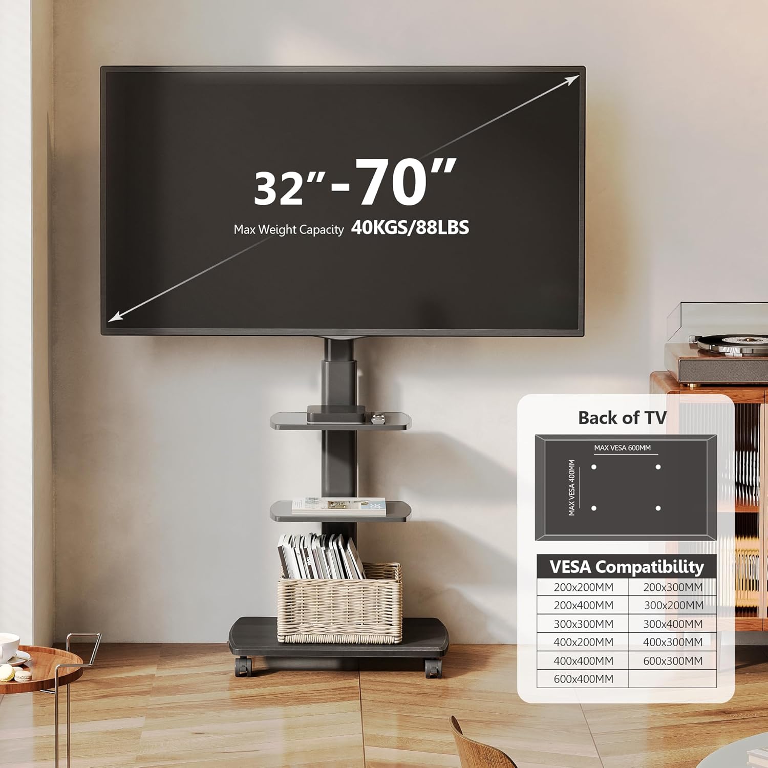 FITUEYES Swivel Rolling TV Stand, Height Adjustable Mobile TV Cart for 32-65 70 Inch TVs, Corner Floor TV Stand for Bedroom, Living Room, Home Office, Kitchen, Black