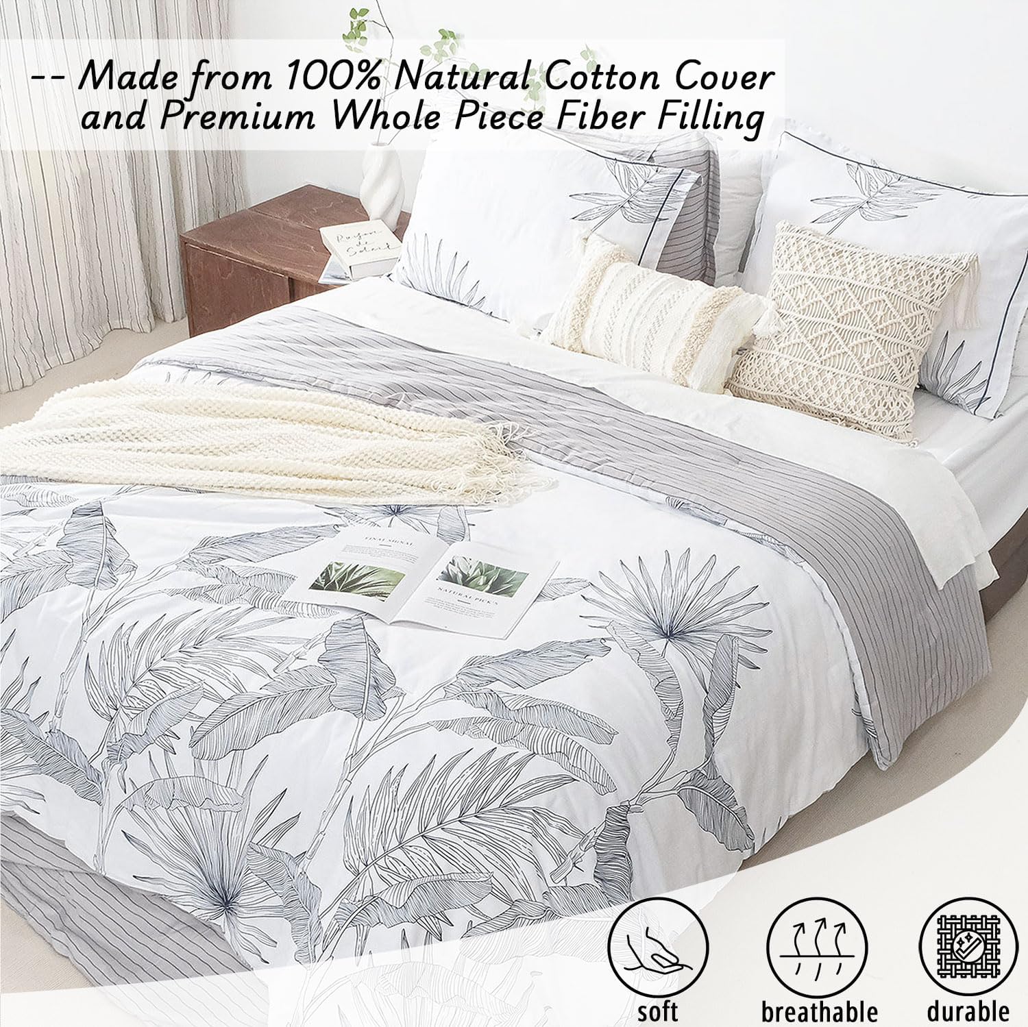 Botanical Cotton Comforter Queen Size - White Comforter with Delicate Black Leaves Patterns,Grey Reversible Lightweight Bedding Sets 3Pcs(Stripes) - Image 2