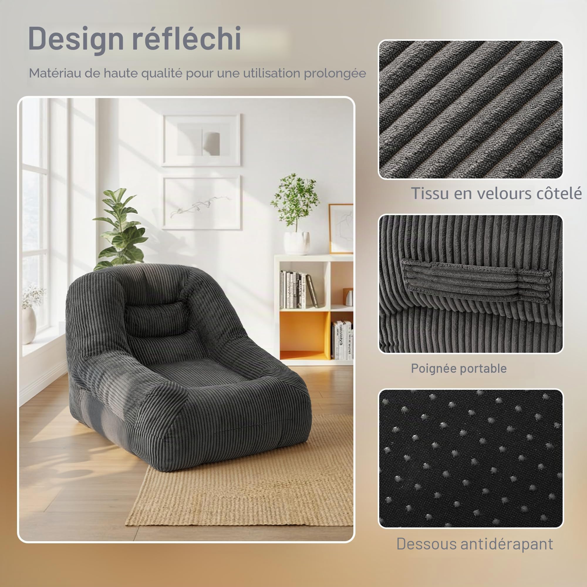 Pamapic Pouf Salon, Pouf Géant avec Éponge de Remplissage, Fauteuil Salon avec Poignée Portable & Fonction d’Inclinaison du Dossier, Idéal pour Salle de Jeux, Chambre, Design Ergonomique, Gris
