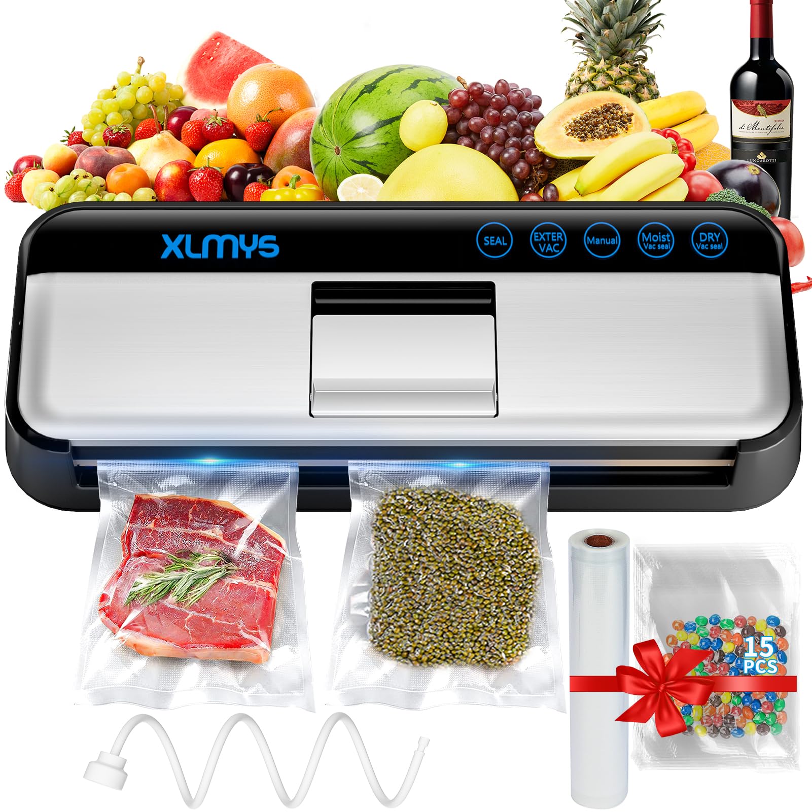 Vacuum Sealer Machine,Full Automatic Food Vacuum Sealer (95KPA),8 in 1 Sealers Vacuum with 15Sealer Bag 1Roll Bags Set,Air Sealing System for Dry/Moist/Seal External Vac Cans/Bags,LED Indicator Lights