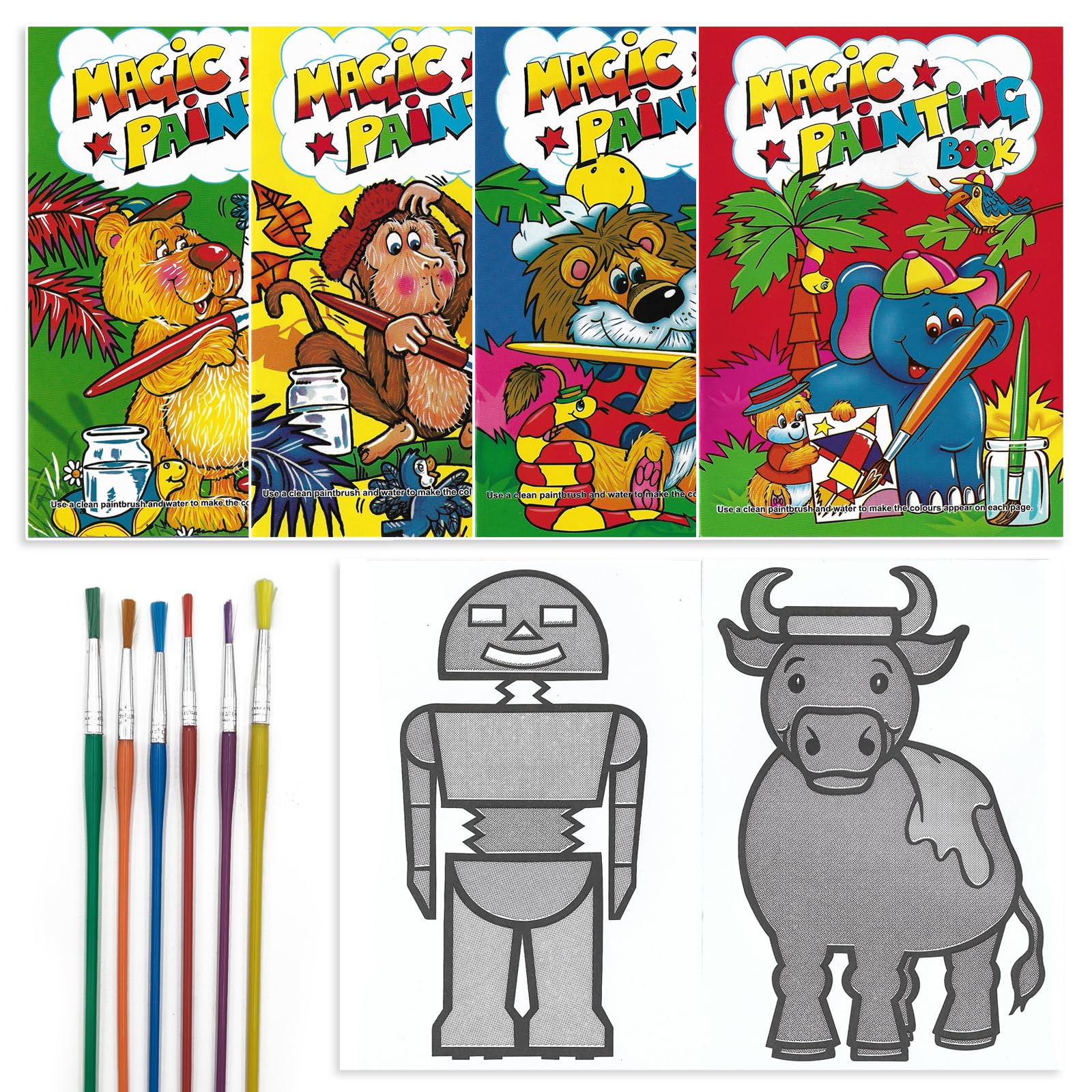 ihoot A6 Water Magic Colouring Book, Magic Painting Book and Paint Brushes Bundle, Pack of 10 | Party Bag Fillers for Kids, Kids Colouring Books, Toddler Toys in an Assortment of Colours and Designs