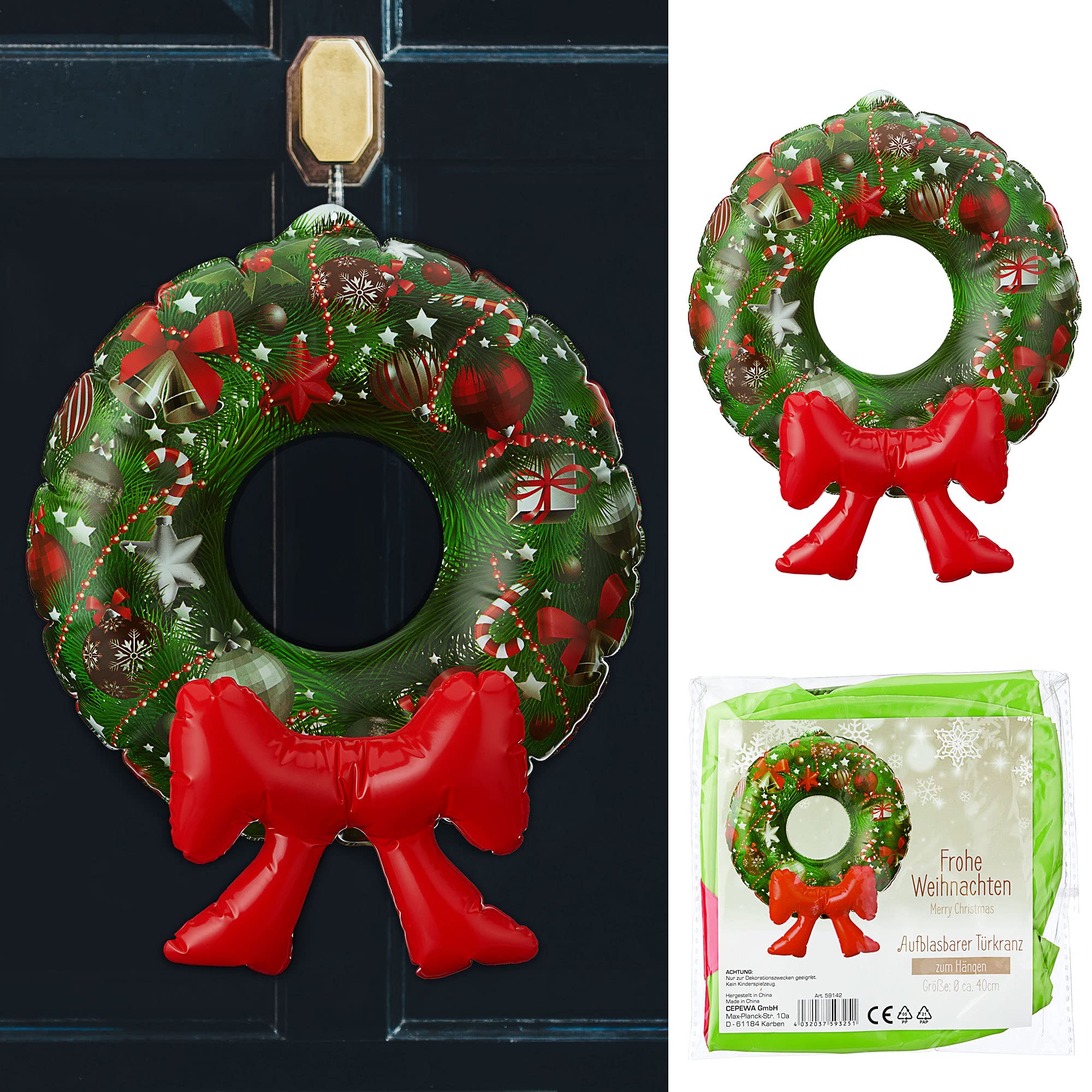 Couronne De Porte Gonflable Noël - Diamètre 42 Cm, Décorations Colorées, Ruban Rouge, PVC Réutilisable - 10