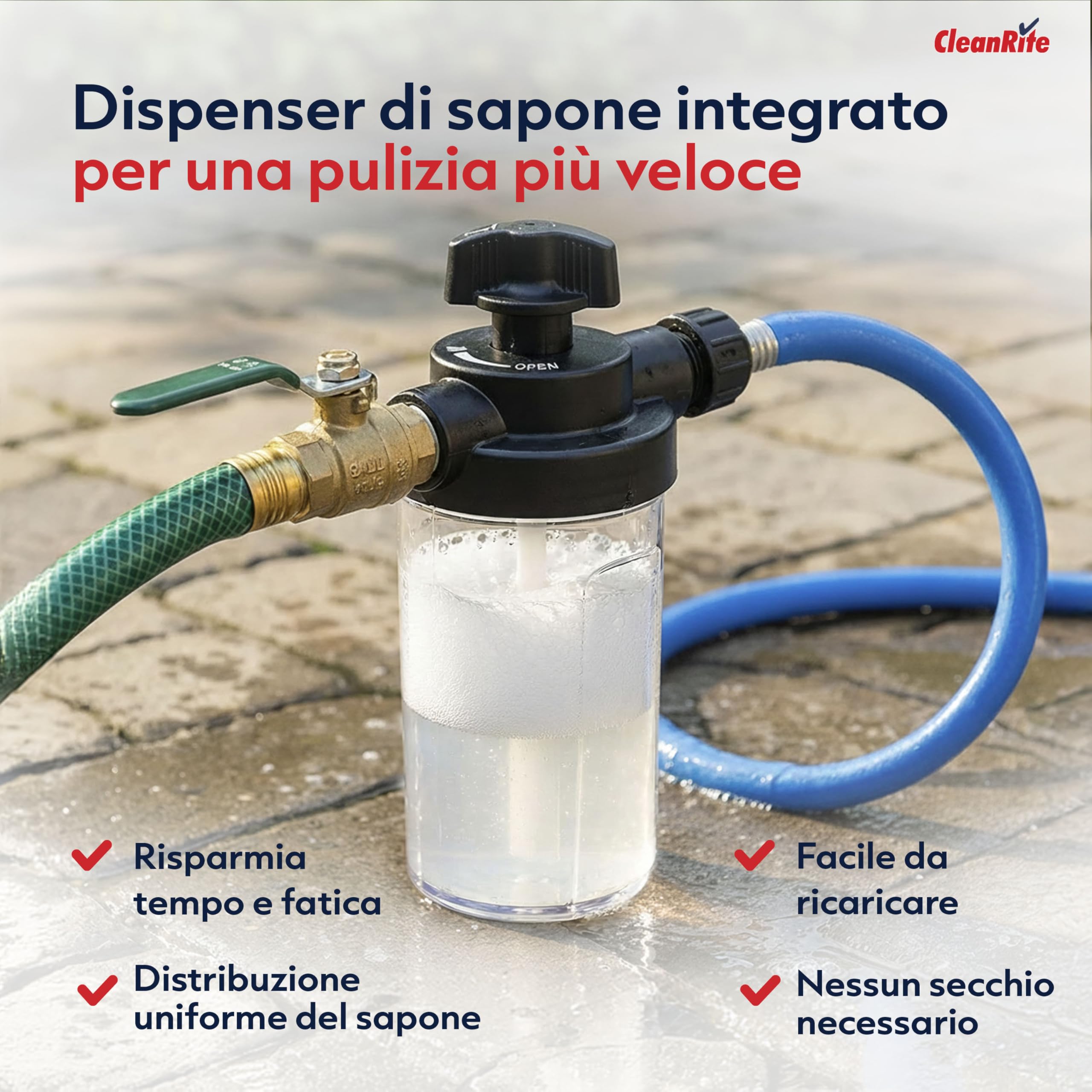 CleanRite® Asta Telescopica 4,7 m | Spazzola Lavaggio Telescopica con Attacco Acqua | Testa Regolabile con Serbatoio Sapone | Pulizia Auto, Vetri, Pannelli Fotovoltaici | Nero