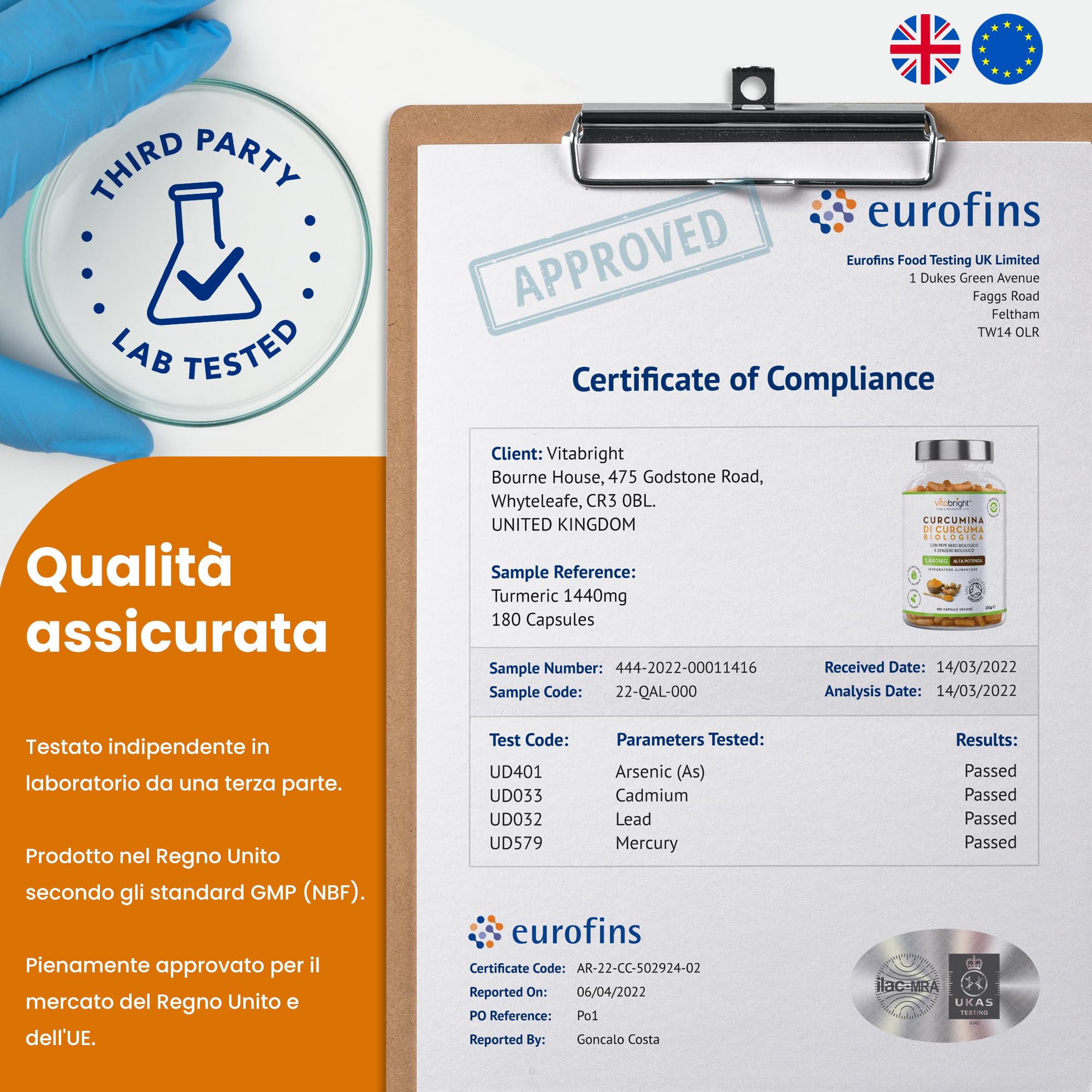 Bio Curcuma Capsule con Pepe Nero e Zenzero 1440 mg | 180 Capsule | 3 Mesi di Fornitura | Fonte di Curcumina e Piperina | Integratore Alimentare Biologico | VitaBright Curcuma Longa Complex