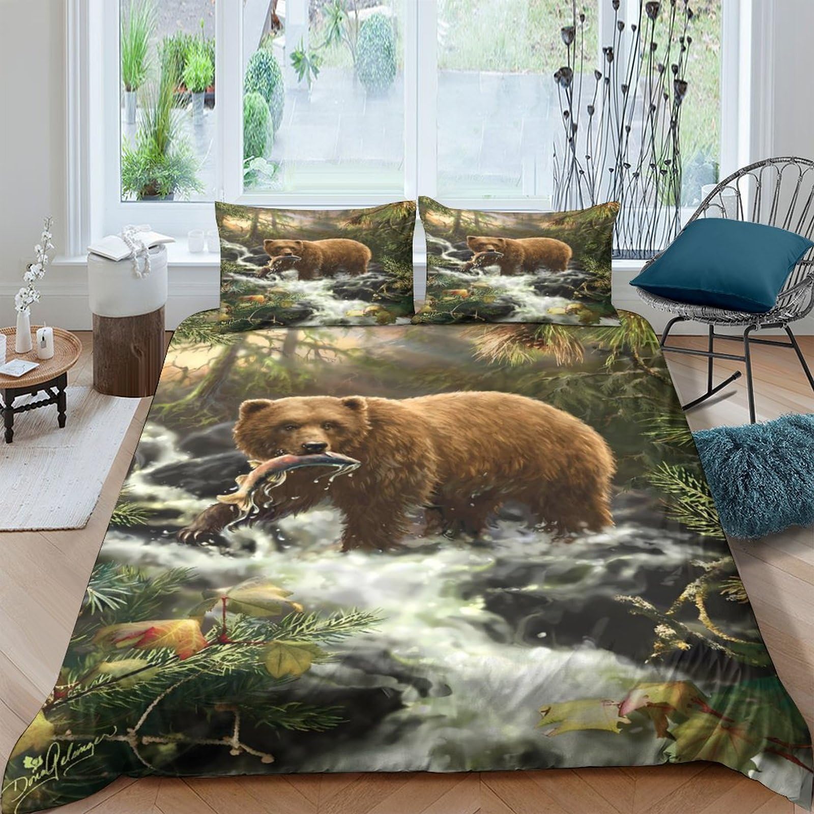 Ctjqhvkz Style-3 3D Printed Brown Bear River Fitted Sheet Microfiber Soft Bedroom Decor Forest Wildlife Mattress Cover Single（135X200cm）
