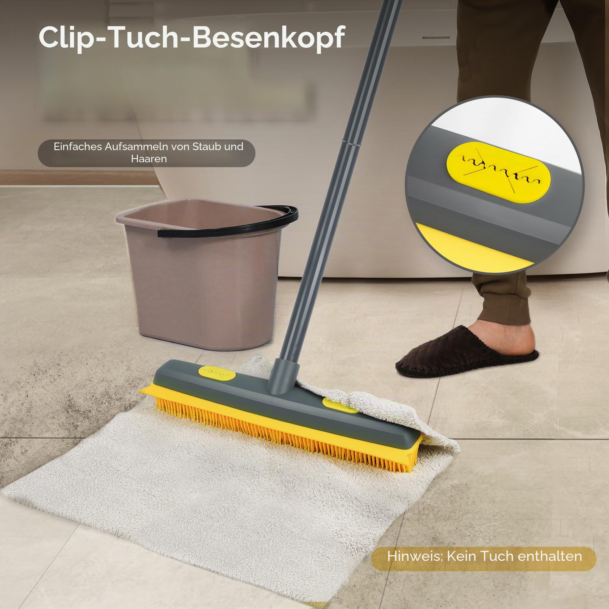 NEWE 3 en 1 Gummibesen mit Stiel 146 cm, Besen Gummiborsten mit Abzieher und Tragbarer Fusselentferner Entfernen von Tiere Katzen Hunde Haare Applicable à la Moquette, aux fenêtres, aux sols carrelés