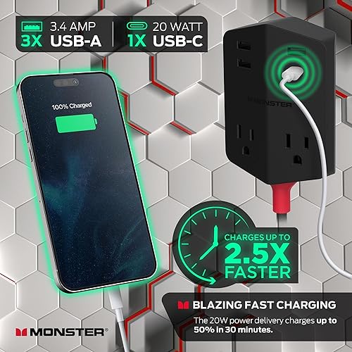 Miniatura 4 de Monster Power Shield Extensor de toma de corriente de pared magnético, enchufe de pared múltiple con 2 tomas de CA, 3 puertos USB-A y 1 puerto USB-C